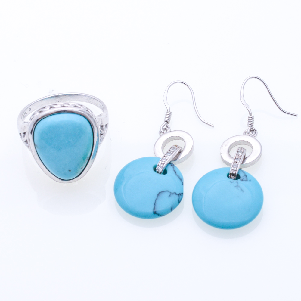 Sterling Silver Synthetic Turquoise and Cubic Zirconia Ring and Earrings