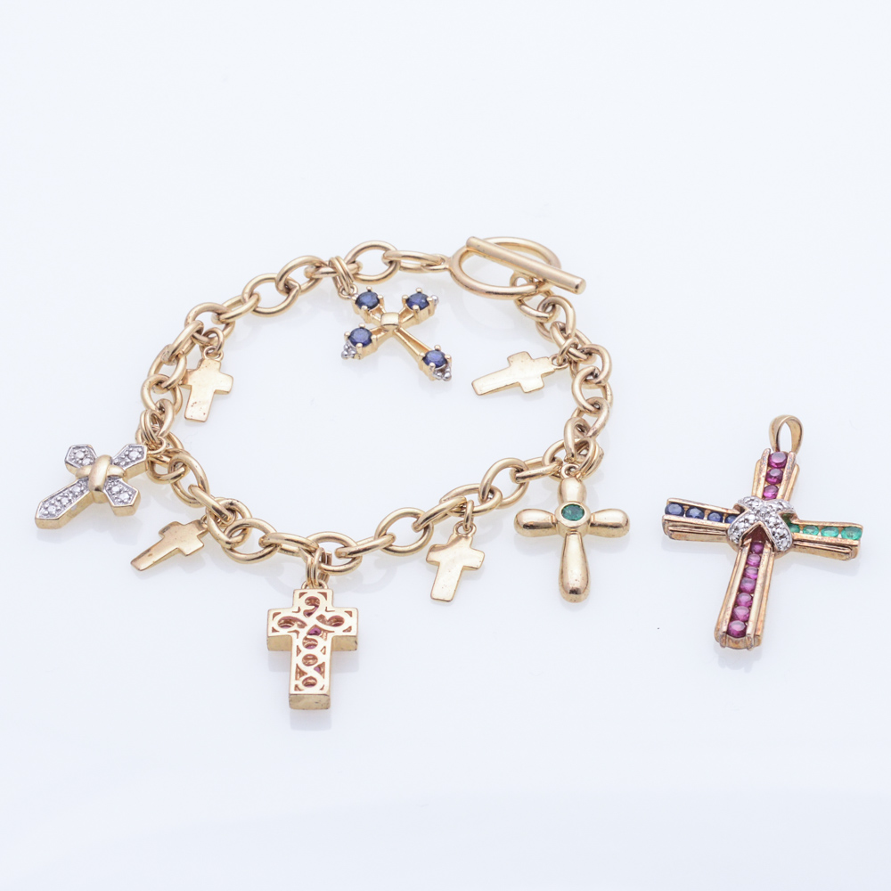 Gold Plated Sterling Silver Cross Charm Bracelet and Pendant