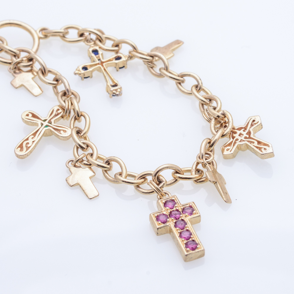 Gold Plated Sterling Silver Cross Charm Bracelet and Pendant