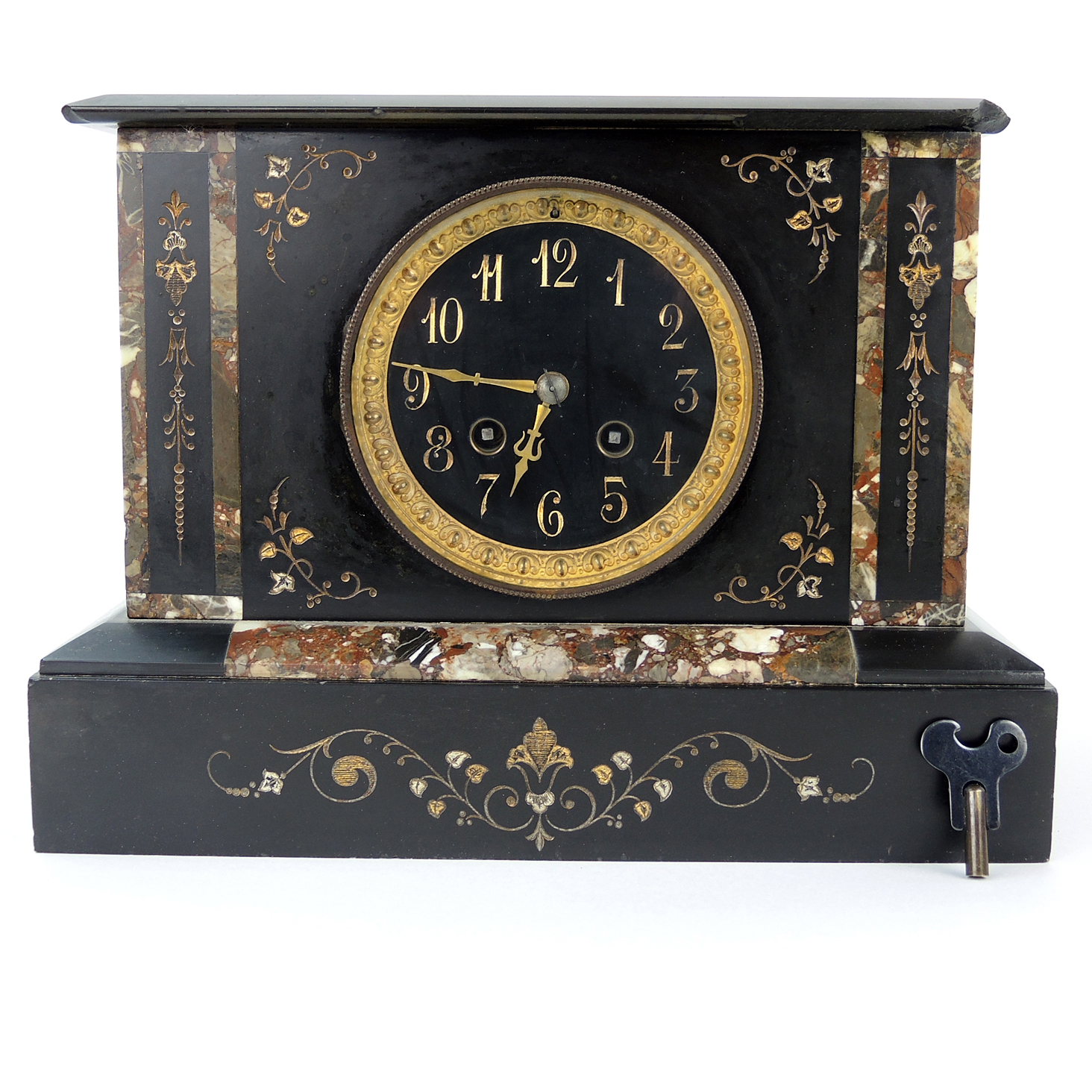Antique Black Marble Stone Inlay Mantel Clock