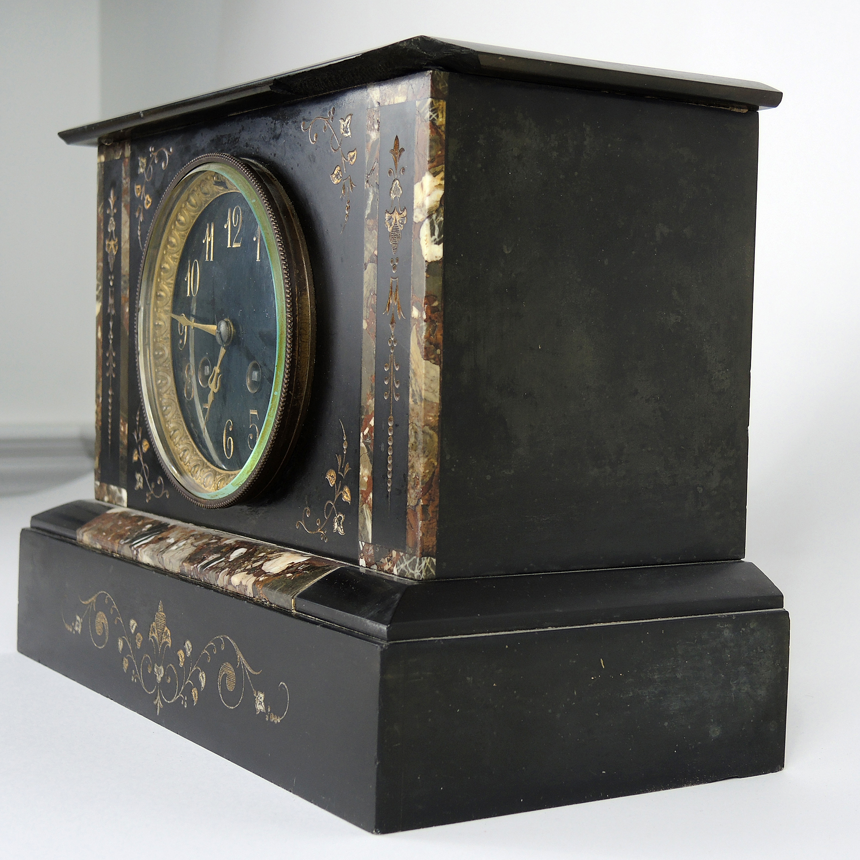 Antique Black Marble Stone Inlay Mantel Clock