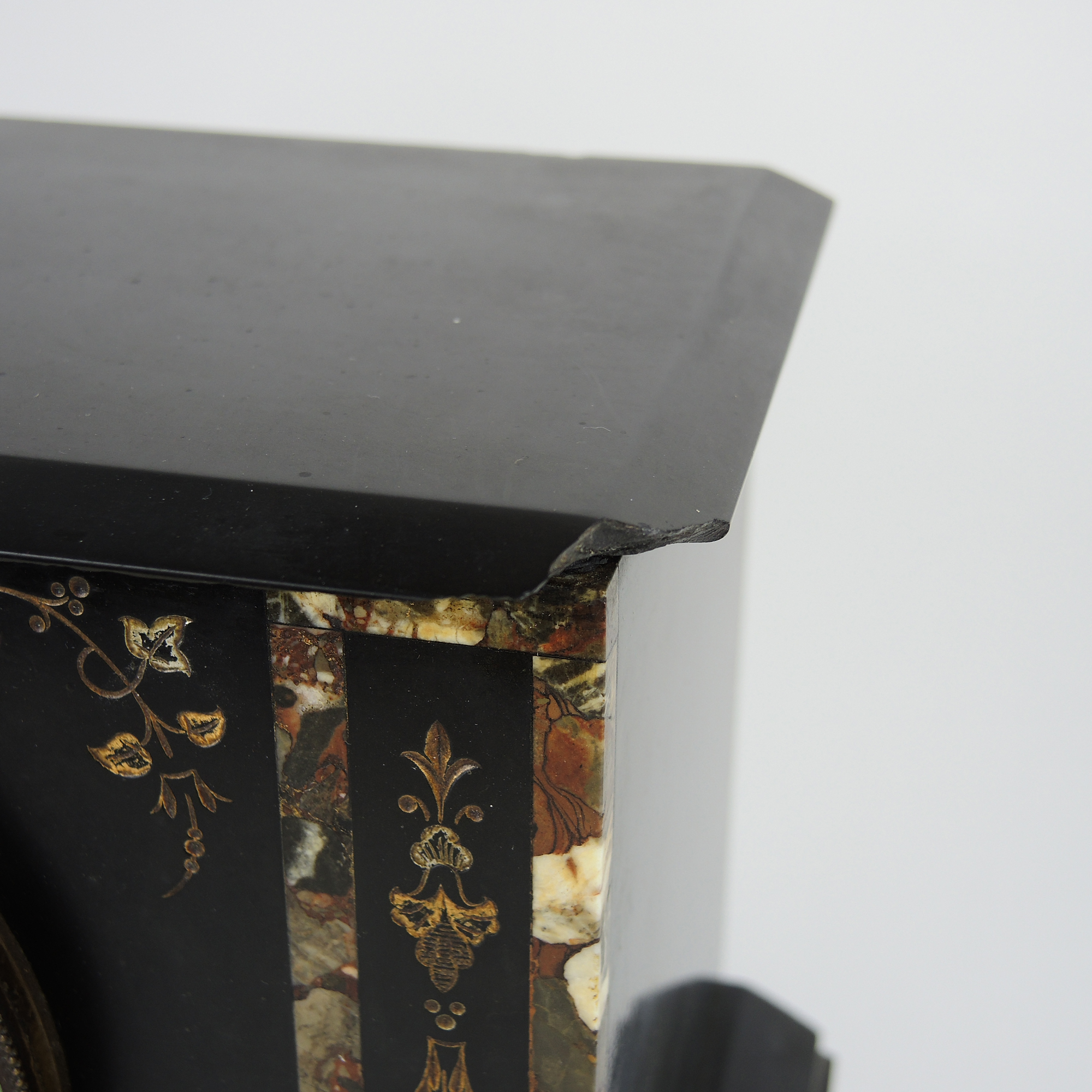 Antique Black Marble Stone Inlay Mantel Clock