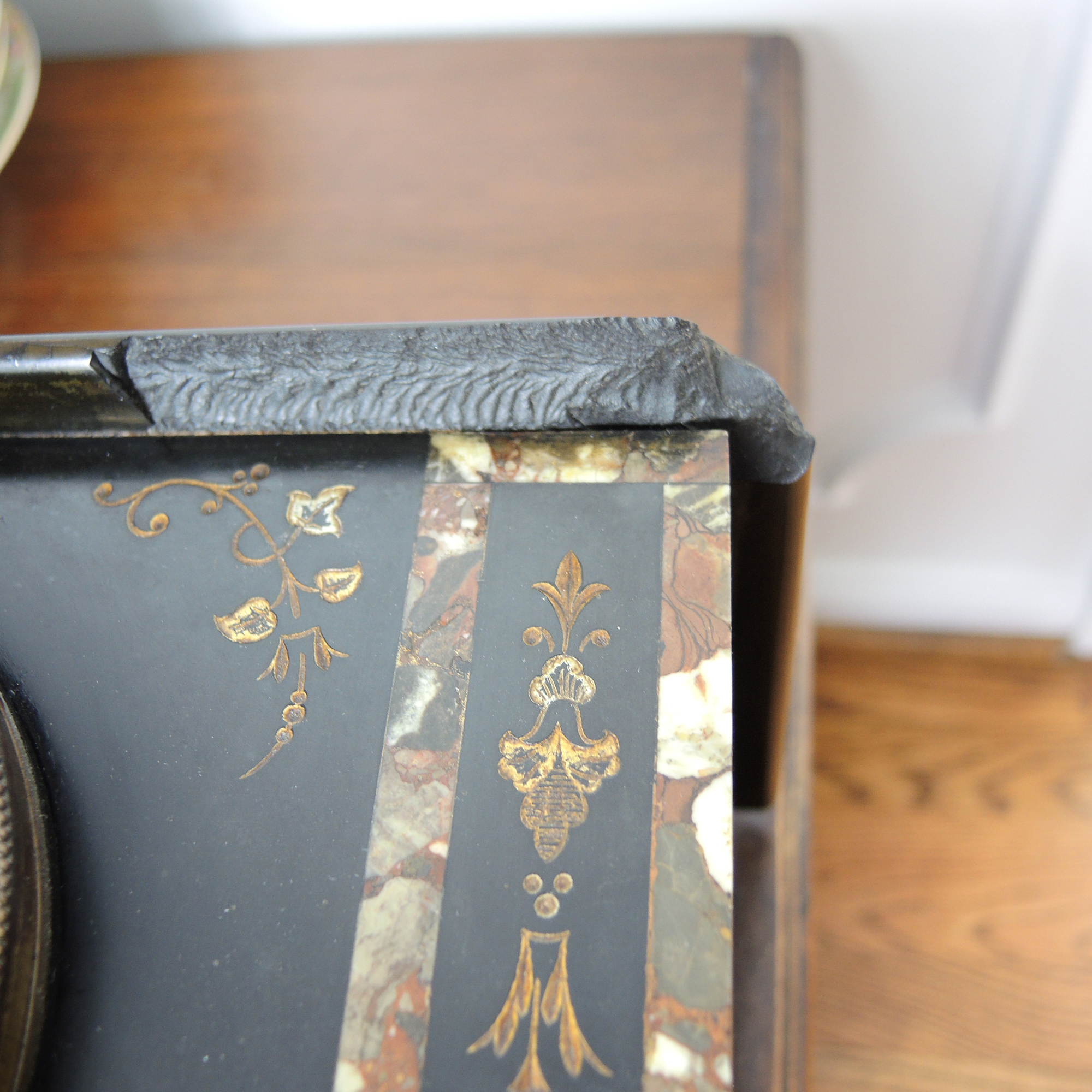 Antique Black Marble Stone Inlay Mantel Clock