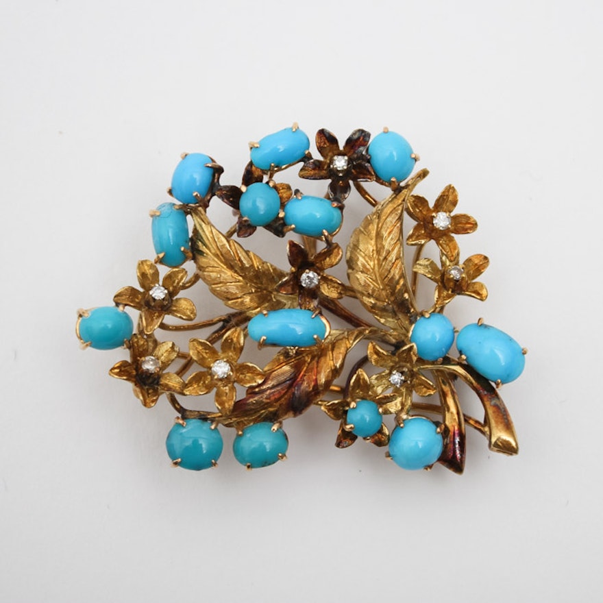 18K Gold Diamond and Turquoise Brooch