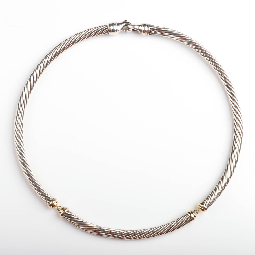 David Yurman Sterling Silver and 14K Yellow Gold Cable Necklace