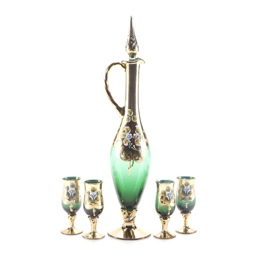Art Nouveau Style Hand Painted Wine Decanter and Glasses