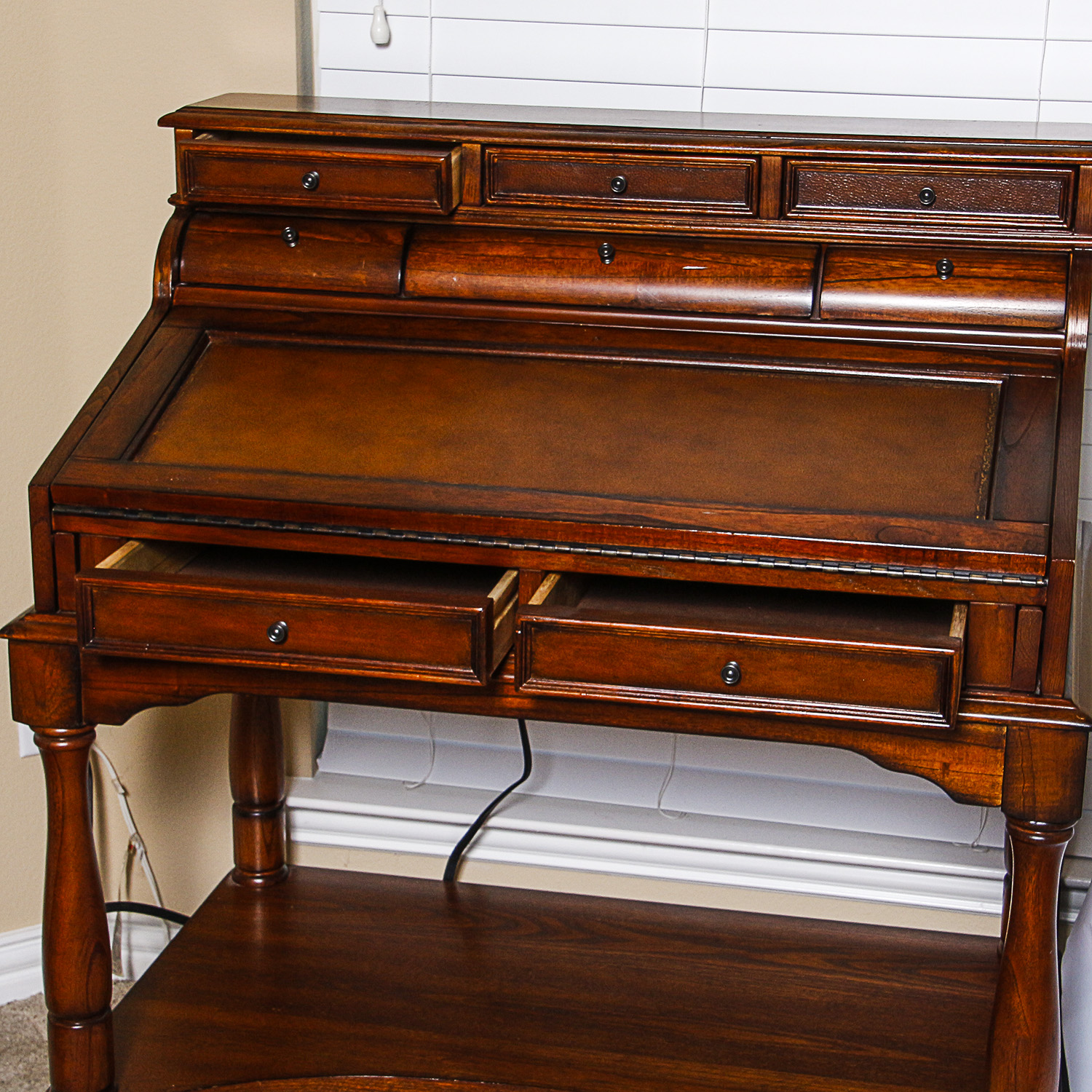 Vintage Drop Front Writing Desk with Eight Drawers