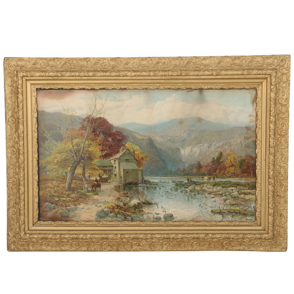 Vintage Framed Chromolithograph "Catskills in Autumn"