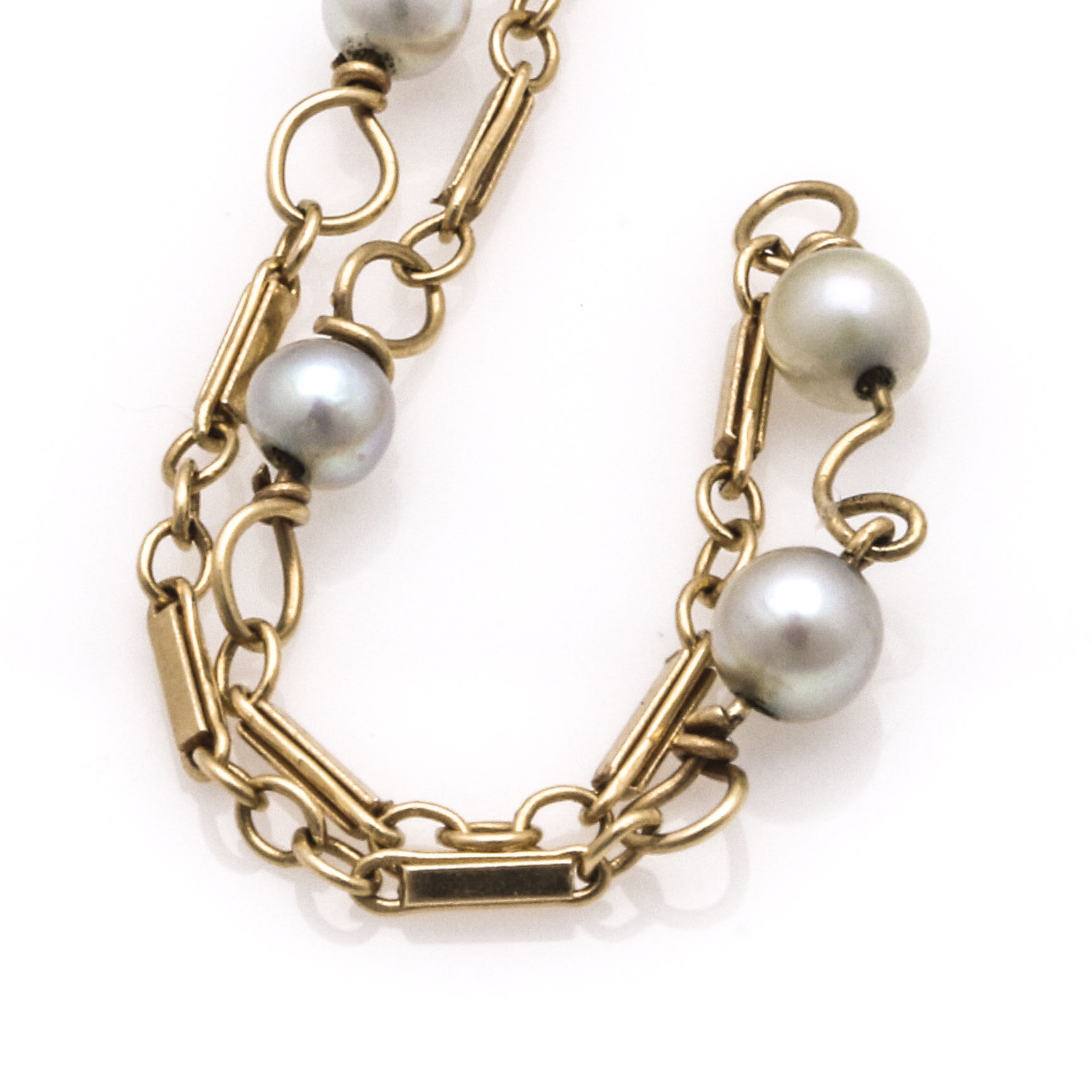 14K Yellow Gold Herringbone Chain Bracelet and Cultured Pearl Bracelet
