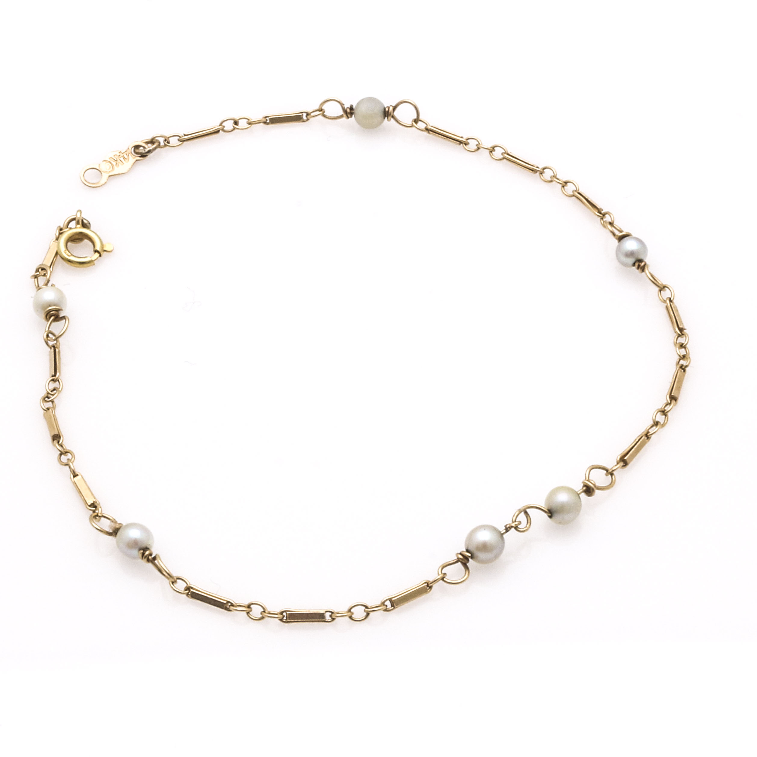 14K Yellow Gold Herringbone Chain Bracelet and Cultured Pearl Bracelet