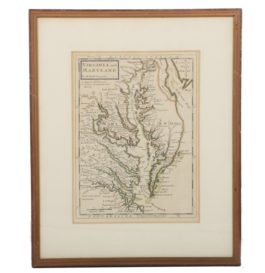 Herman Moll Hand-Colored Engraving of a Map