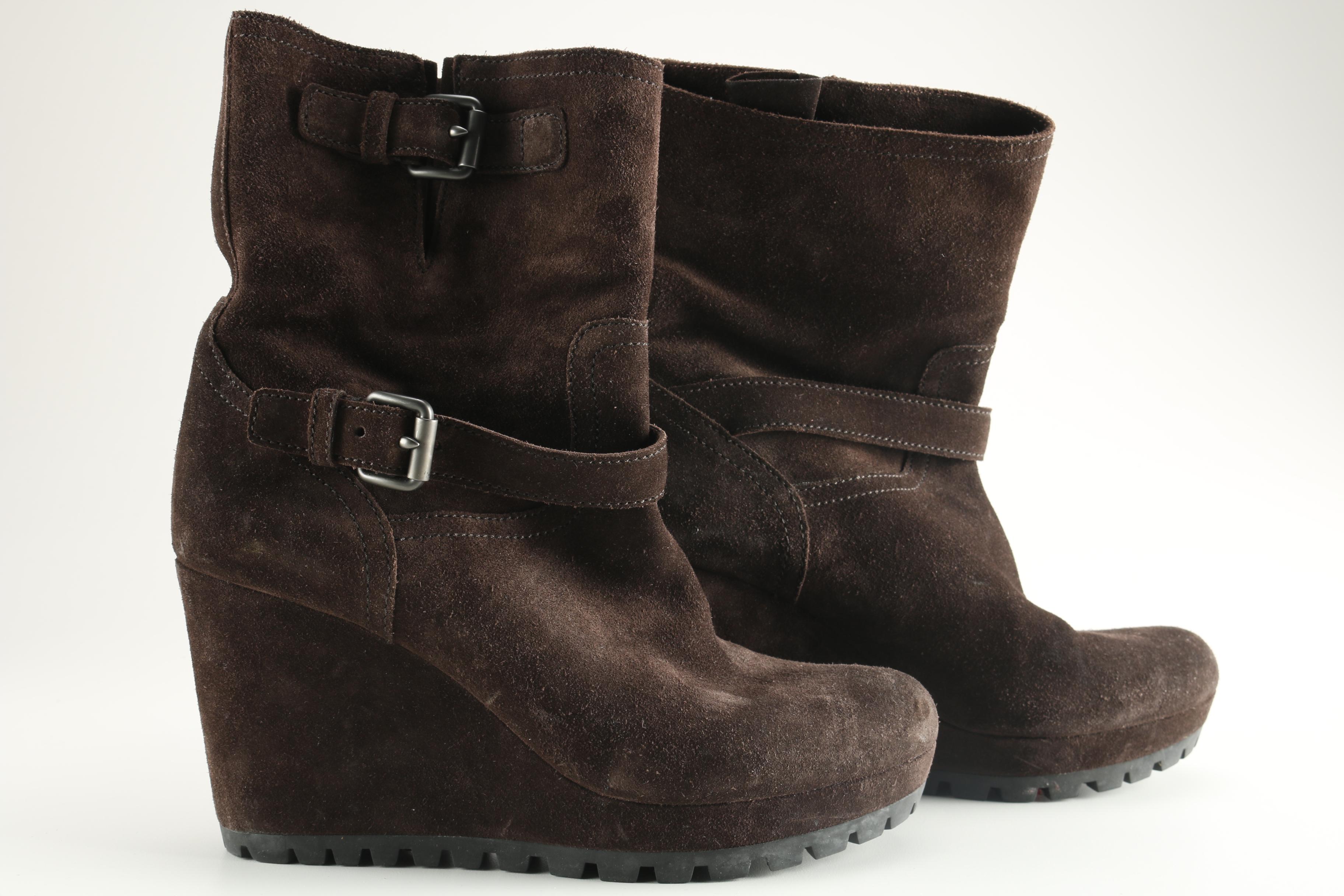 Prada Brown Suede Wedge Heel Boots