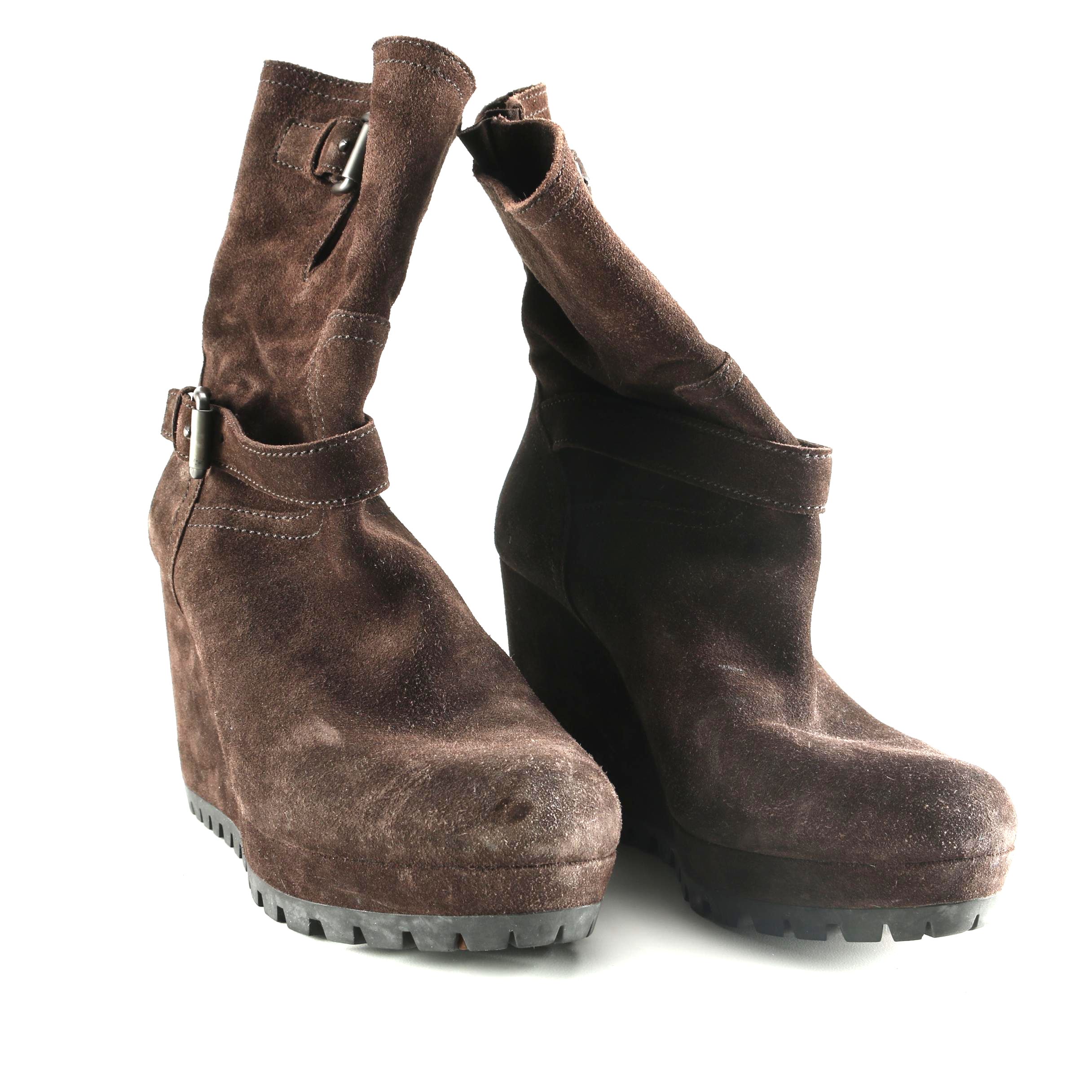Prada Brown Suede Wedge Heel Boots