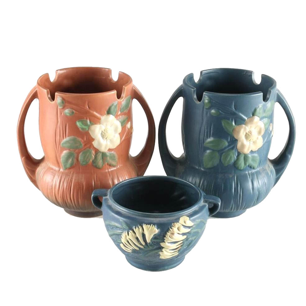 Vintage Roseville Pottery "White Rose" Vases and "Freesia" Jardiniere