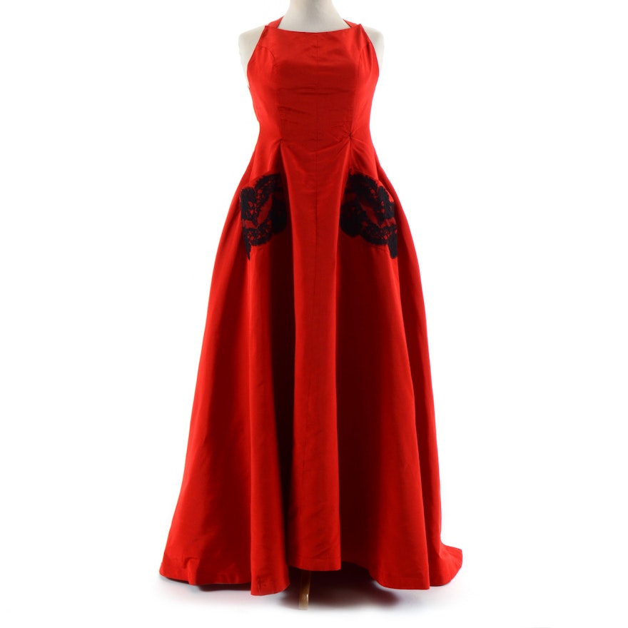 Exquisite Christian Lacroix of Paris Red Soie Silk Formal Gown with Black Lace