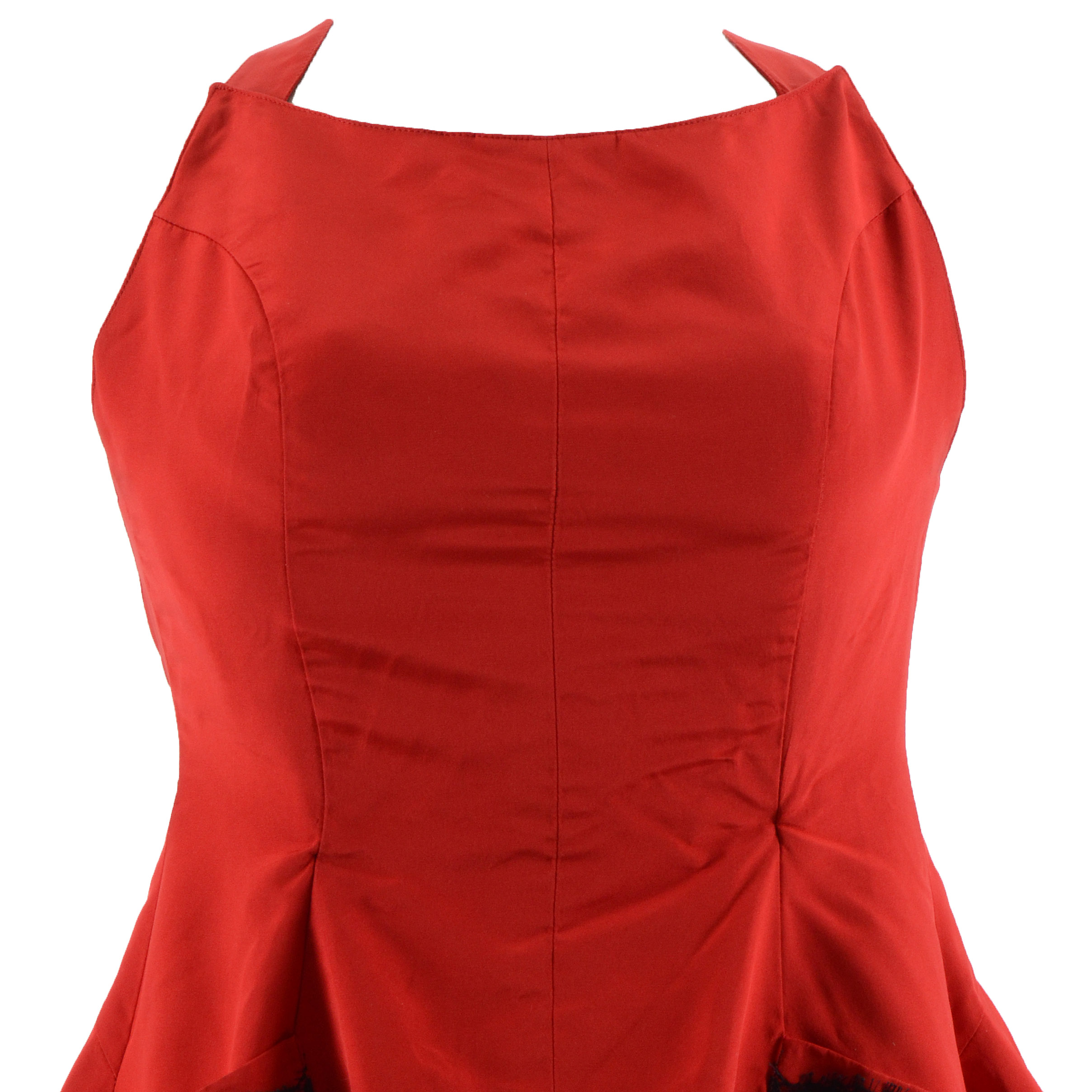 Exquisite Christian Lacroix of Paris Red Soie Silk Formal Gown with Black Lace