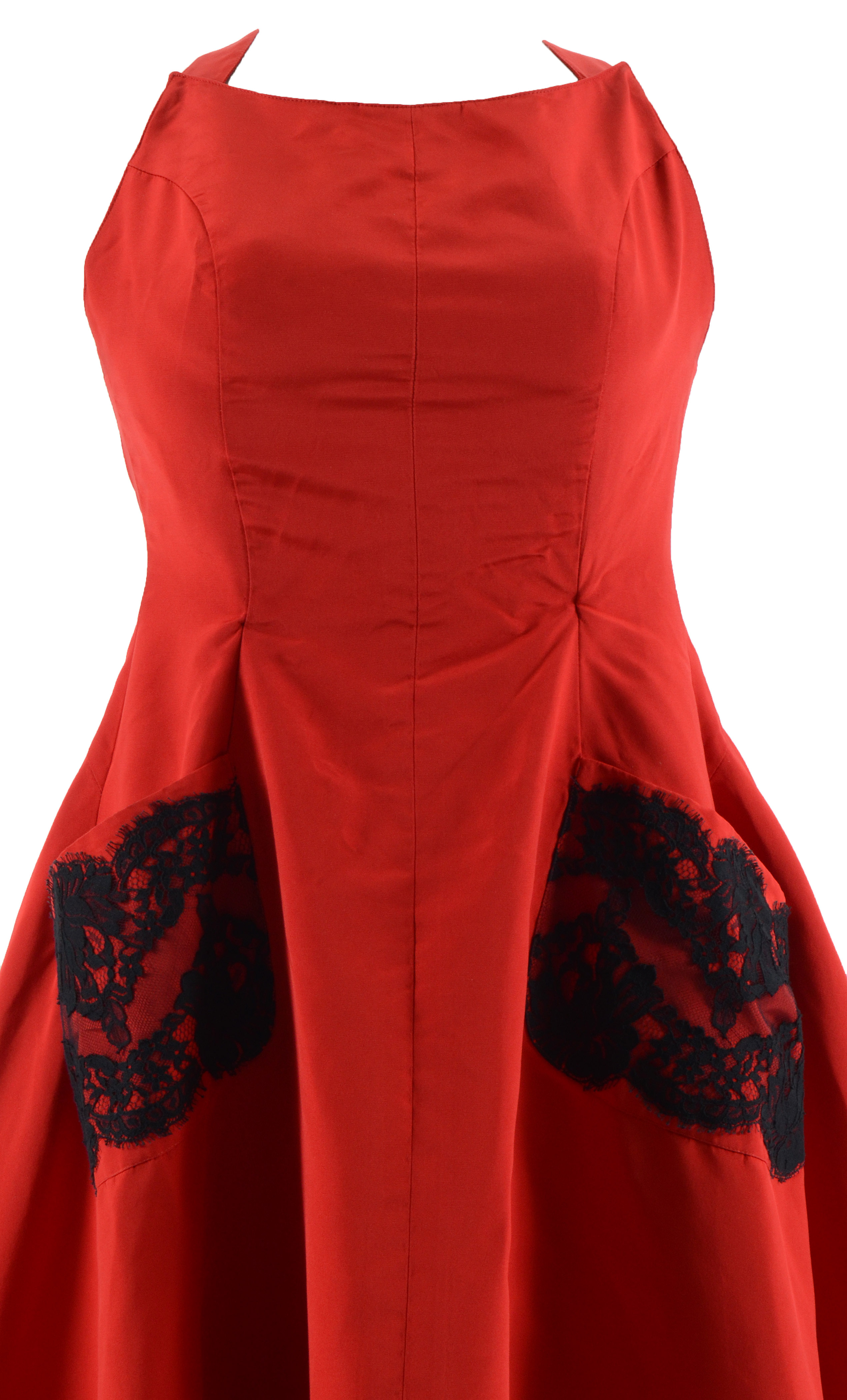 Exquisite Christian Lacroix of Paris Red Soie Silk Formal Gown with Black Lace