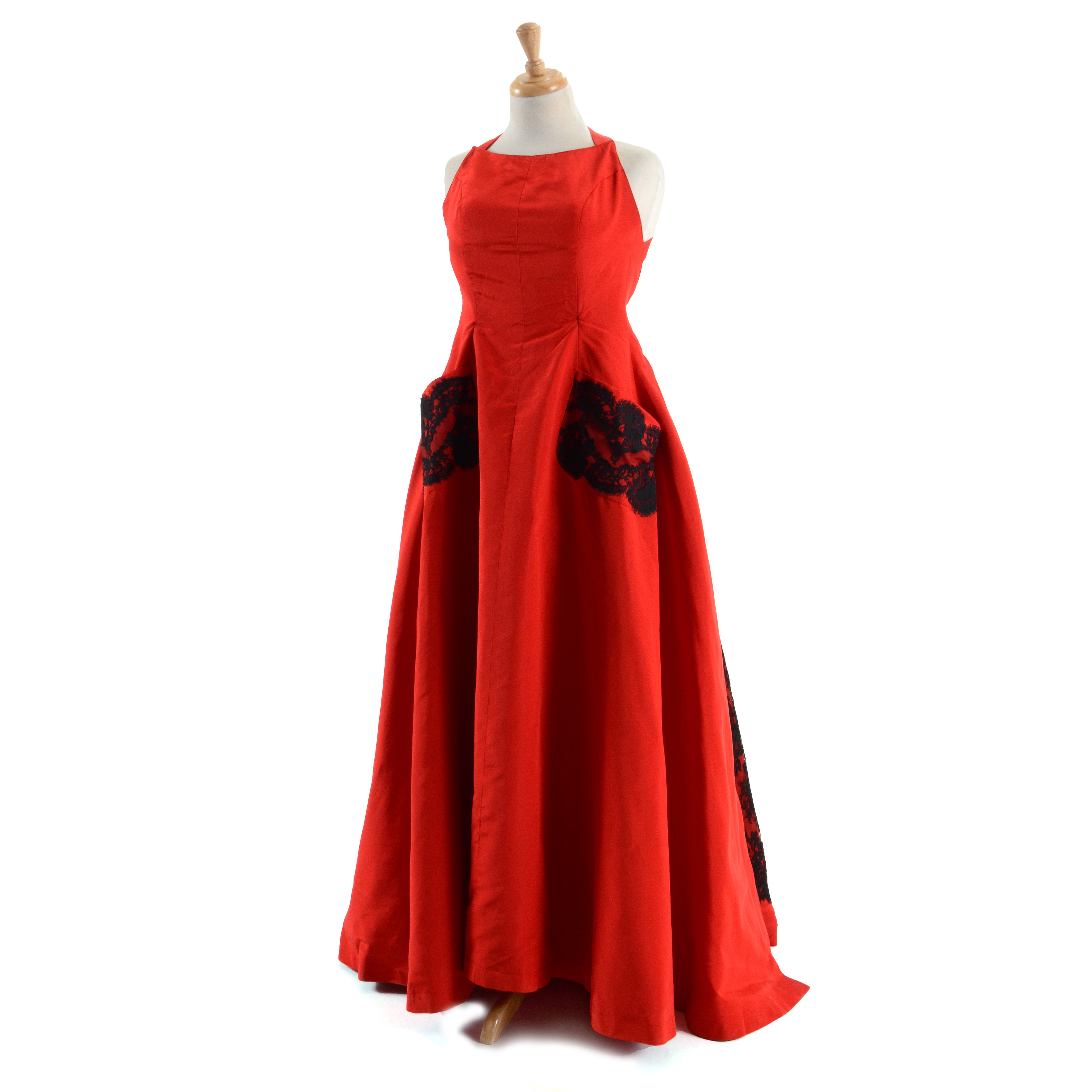 Exquisite Christian Lacroix of Paris Red Soie Silk Formal Gown with Black Lace