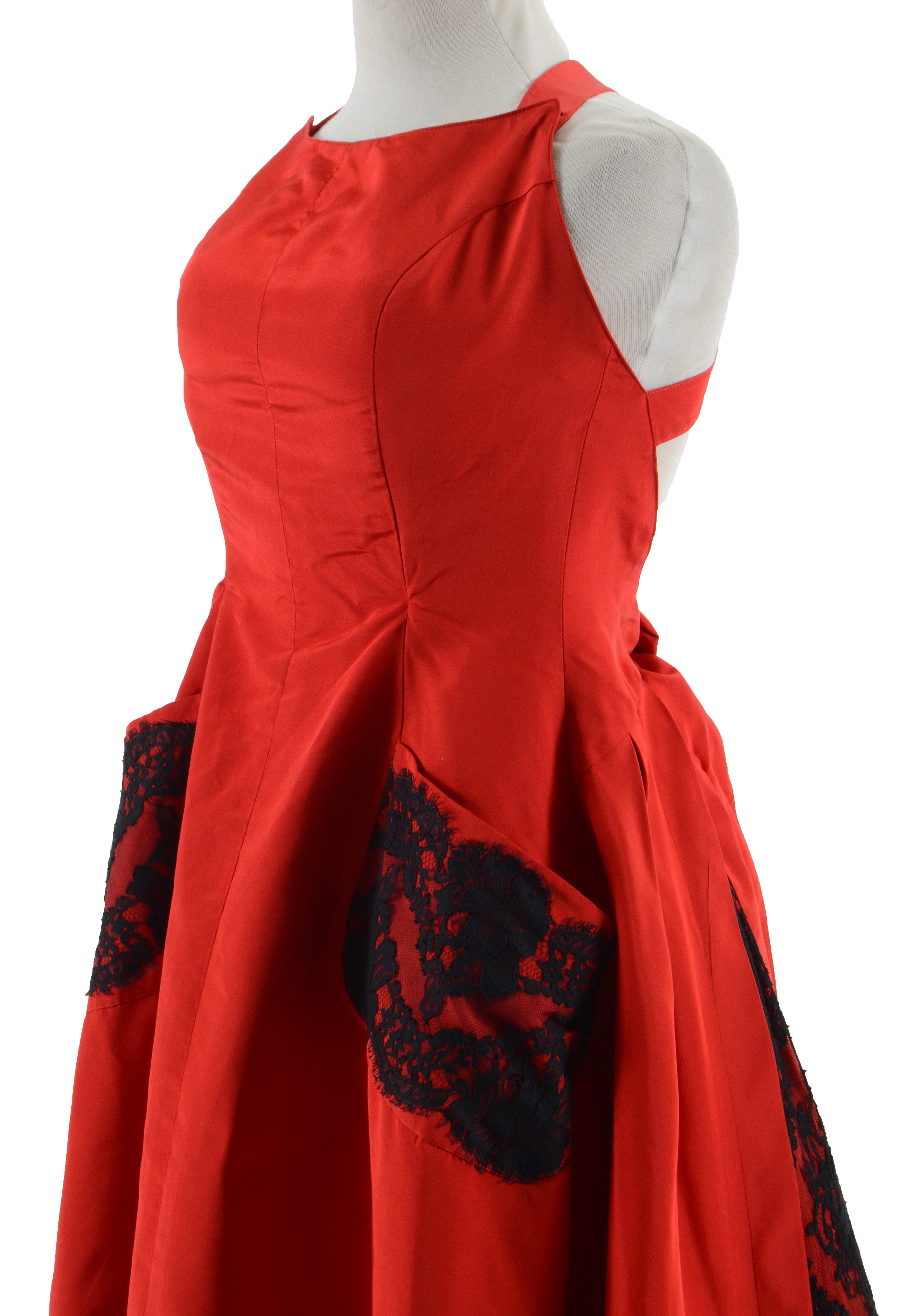Exquisite Christian Lacroix of Paris Red Soie Silk Formal Gown with Black Lace