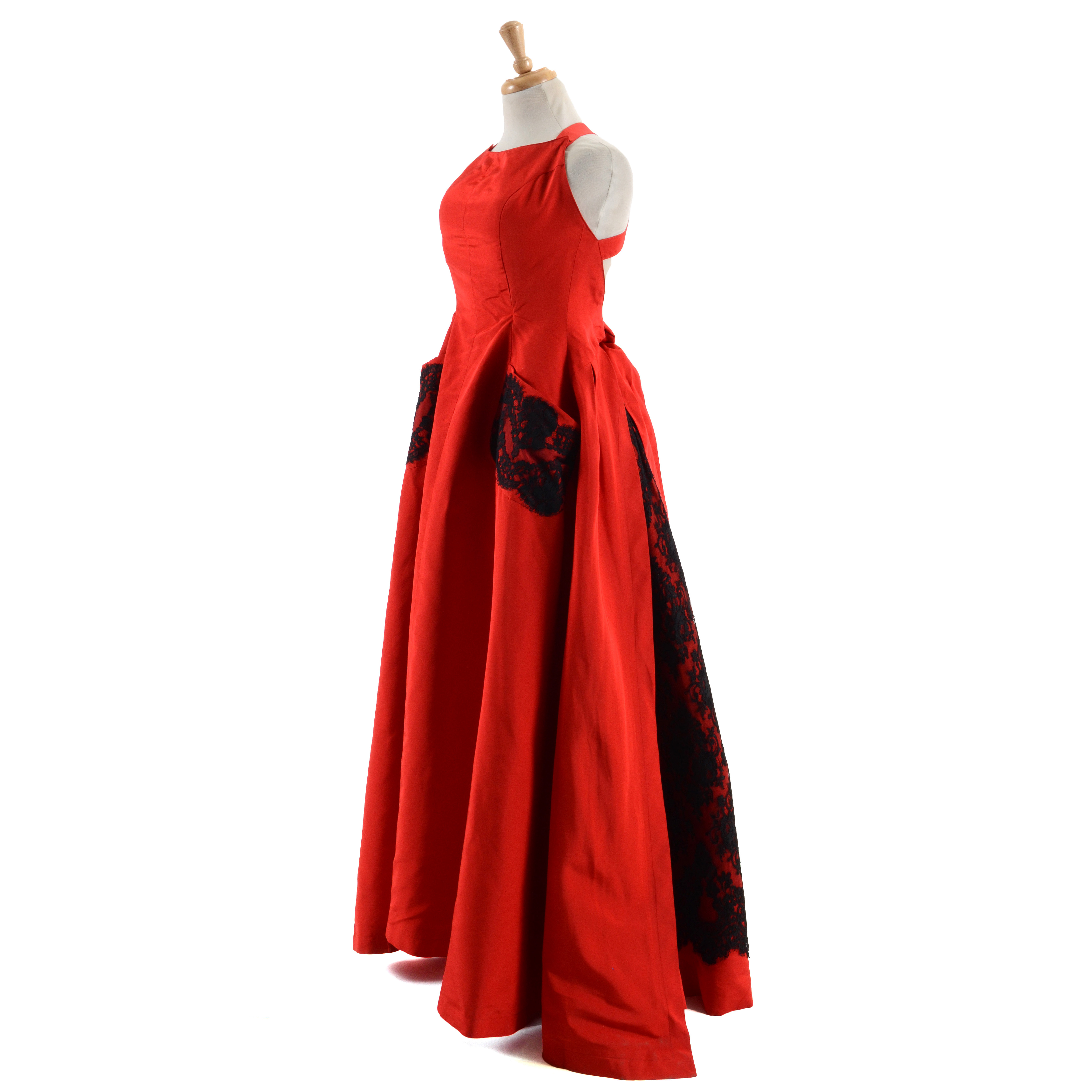 Exquisite Christian Lacroix of Paris Red Soie Silk Formal Gown with Black Lace