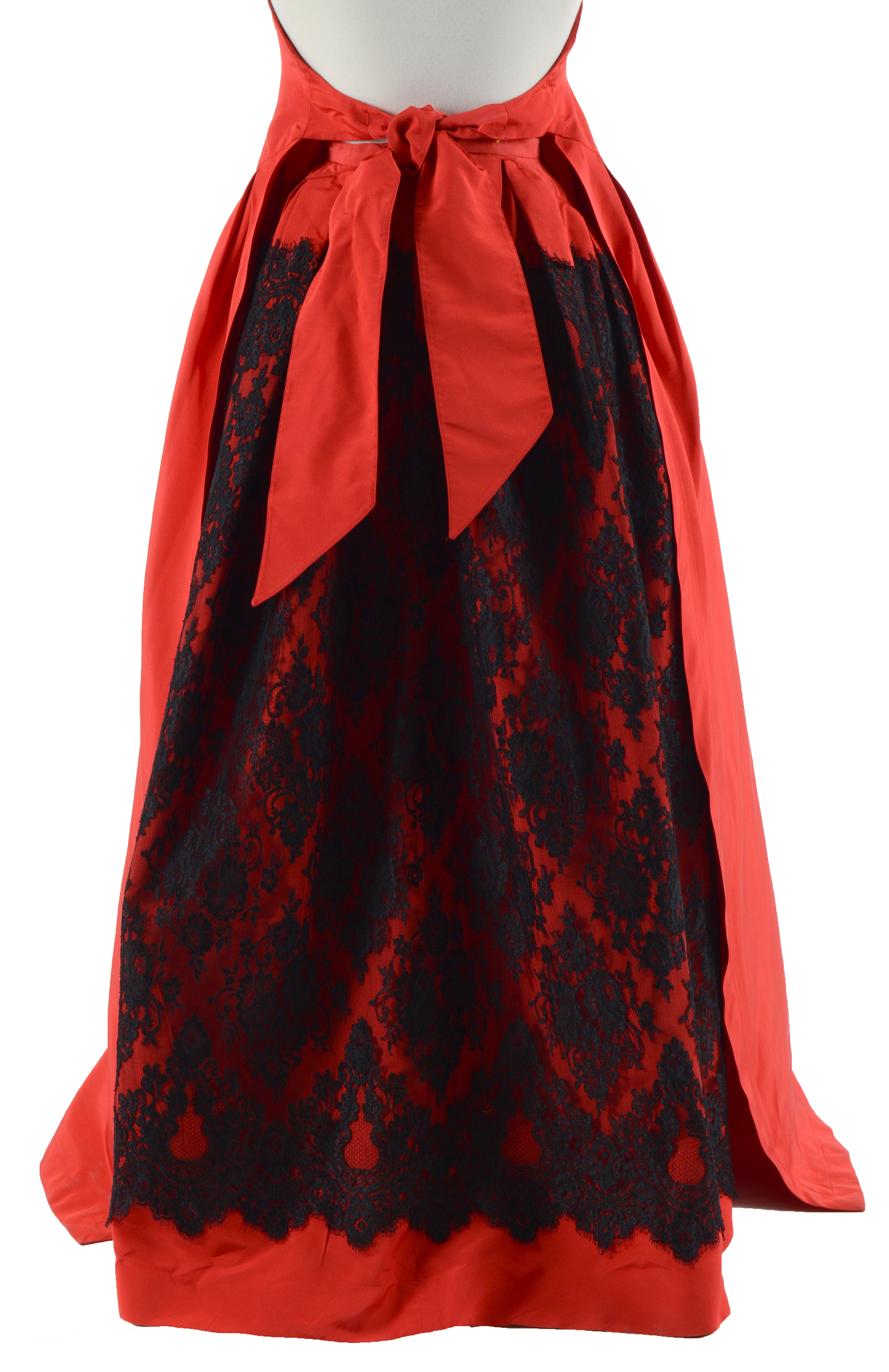 Exquisite Christian Lacroix of Paris Red Soie Silk Formal Gown with Black Lace