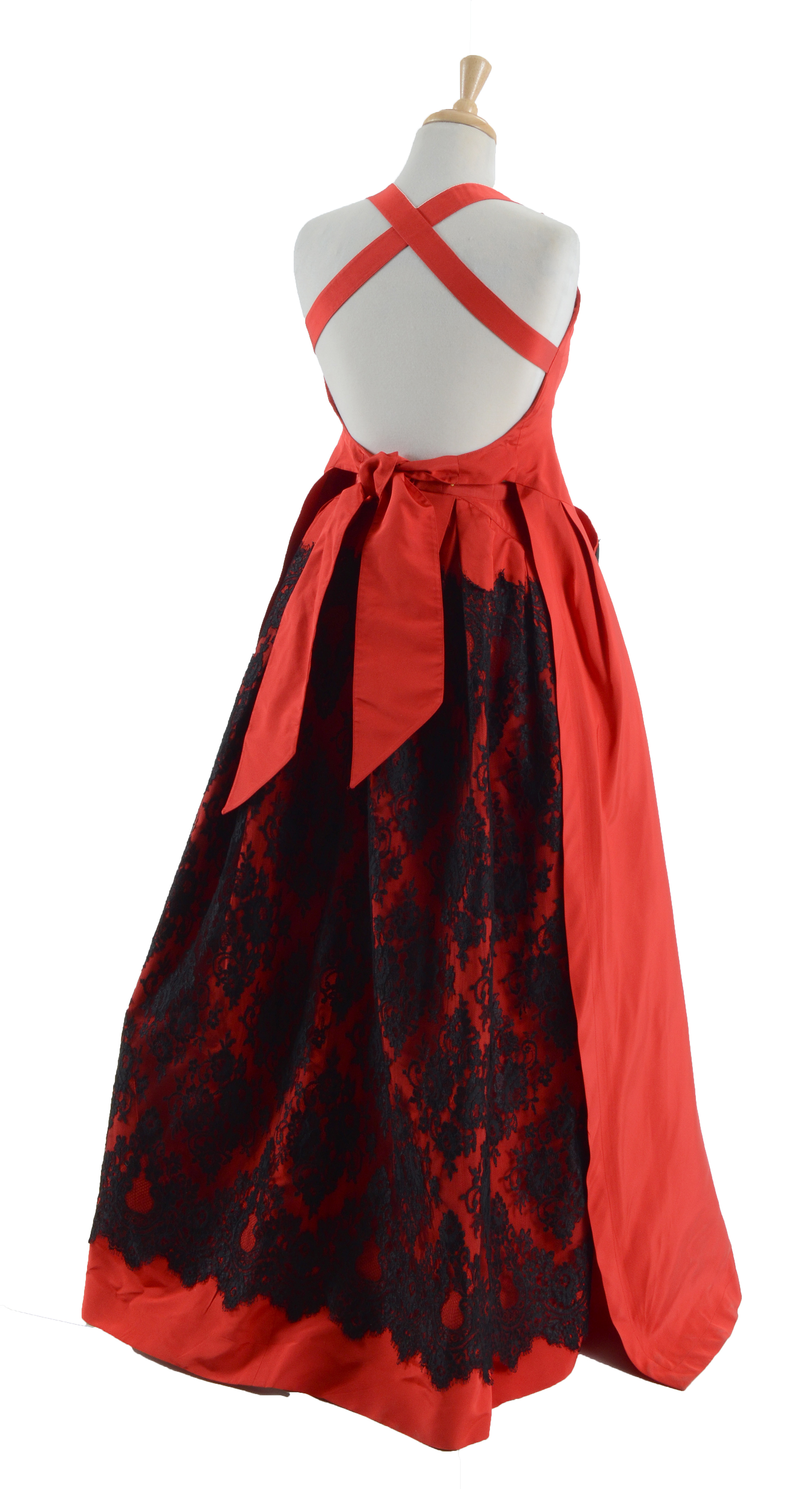 Exquisite Christian Lacroix of Paris Red Soie Silk Formal Gown with Black Lace