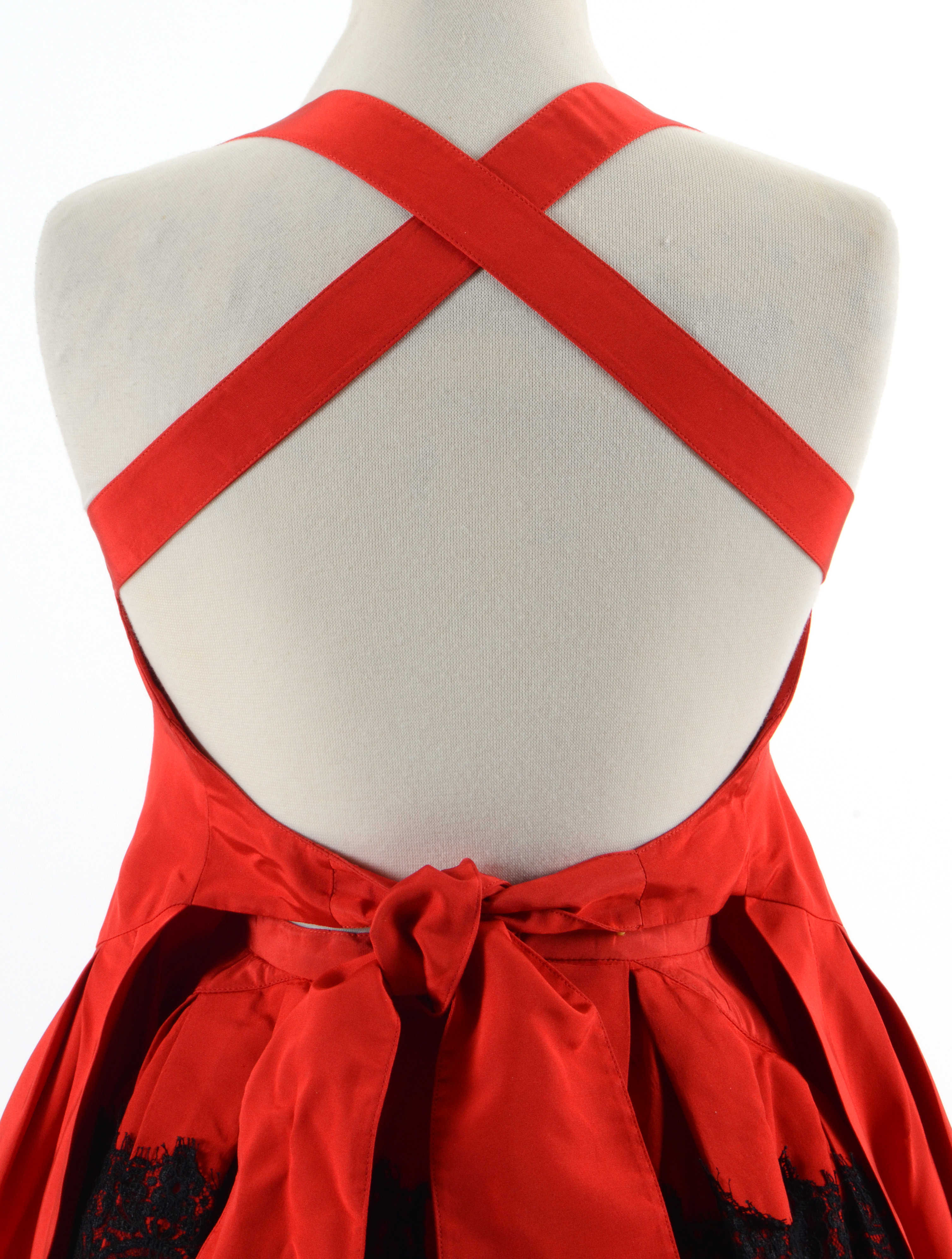 Exquisite Christian Lacroix of Paris Red Soie Silk Formal Gown with Black Lace