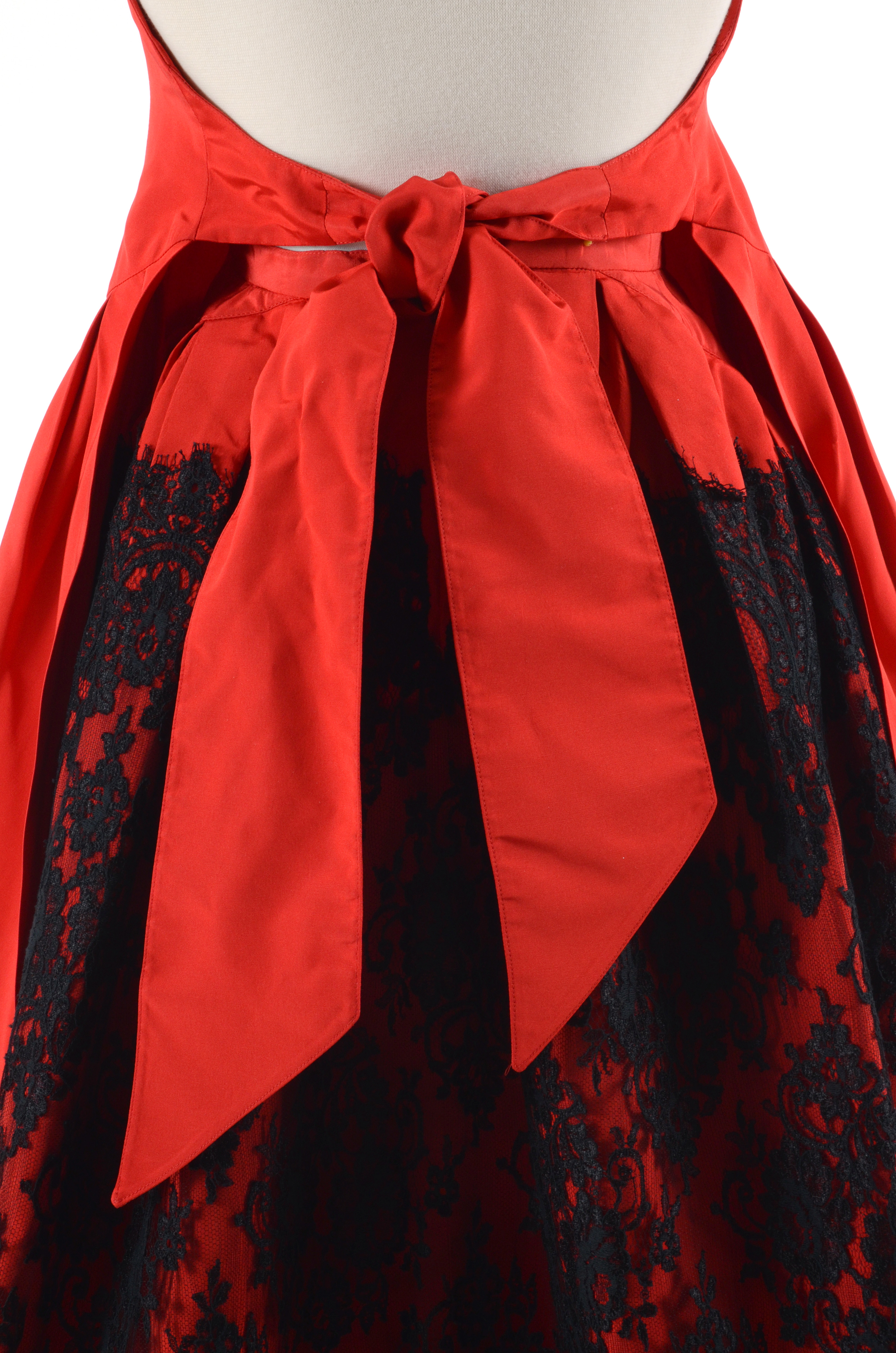 Exquisite Christian Lacroix of Paris Red Soie Silk Formal Gown with Black Lace
