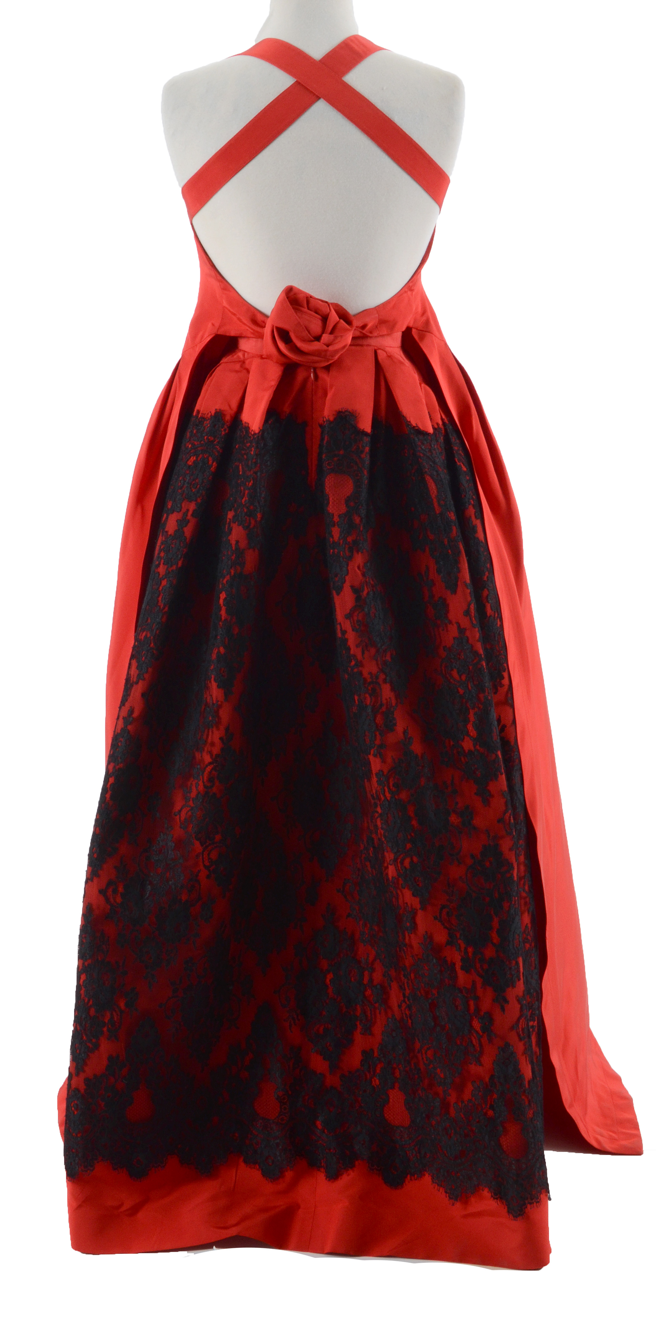 Exquisite Christian Lacroix of Paris Red Soie Silk Formal Gown with Black Lace