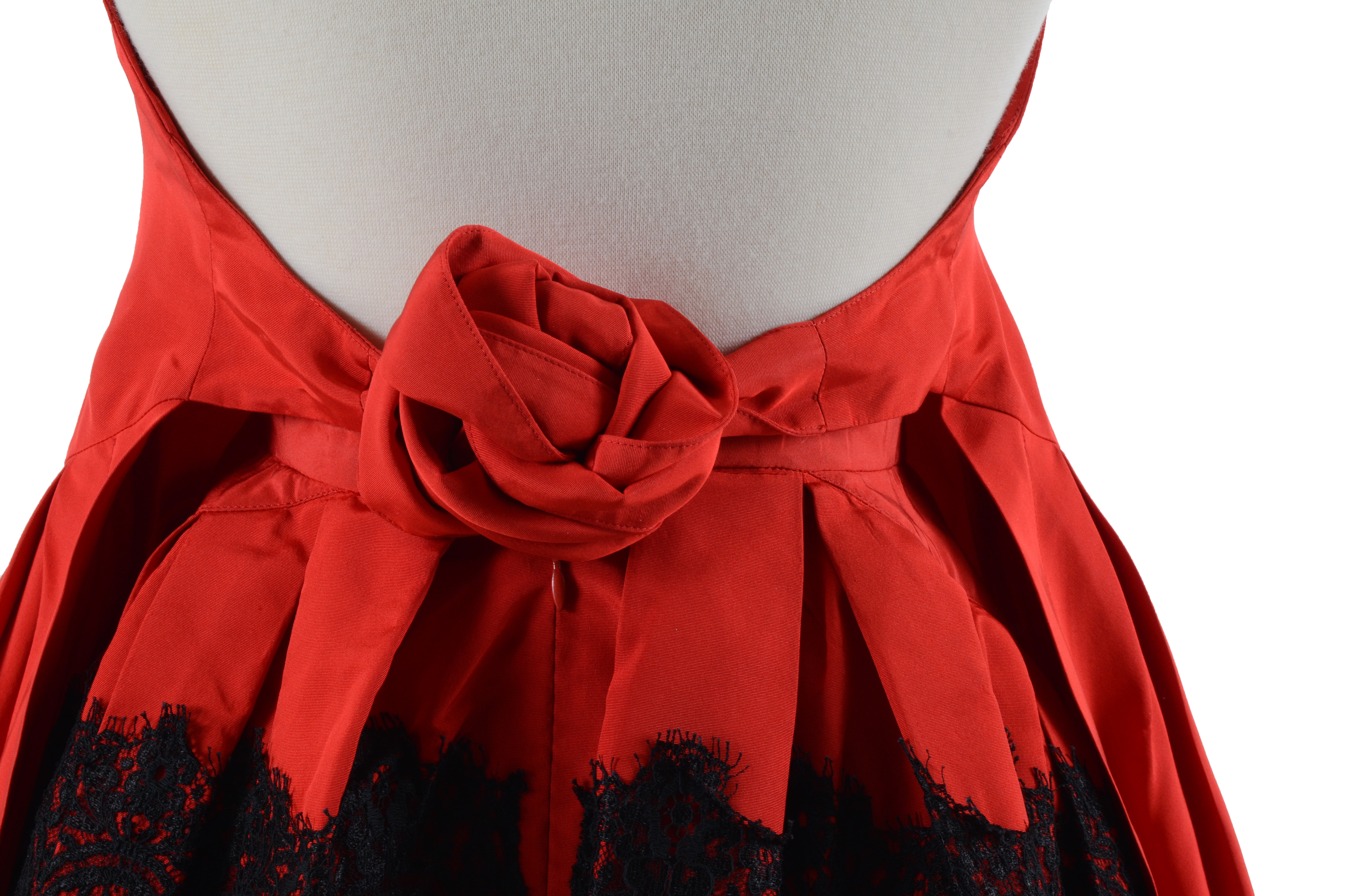 Exquisite Christian Lacroix of Paris Red Soie Silk Formal Gown with Black Lace