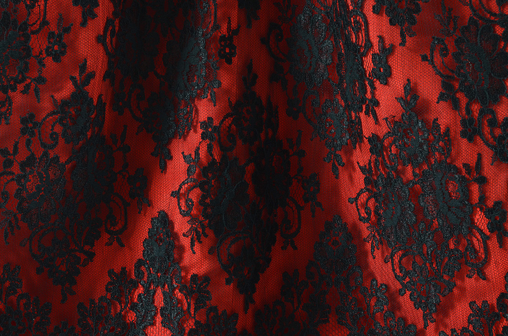 Exquisite Christian Lacroix of Paris Red Soie Silk Formal Gown with Black Lace