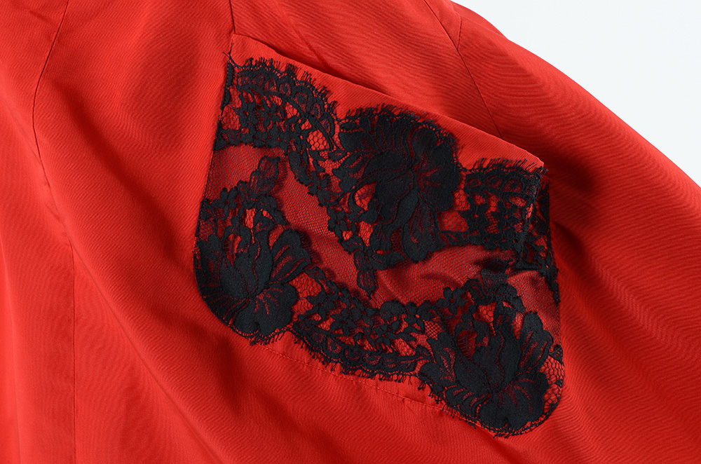 Exquisite Christian Lacroix of Paris Red Soie Silk Formal Gown with Black Lace