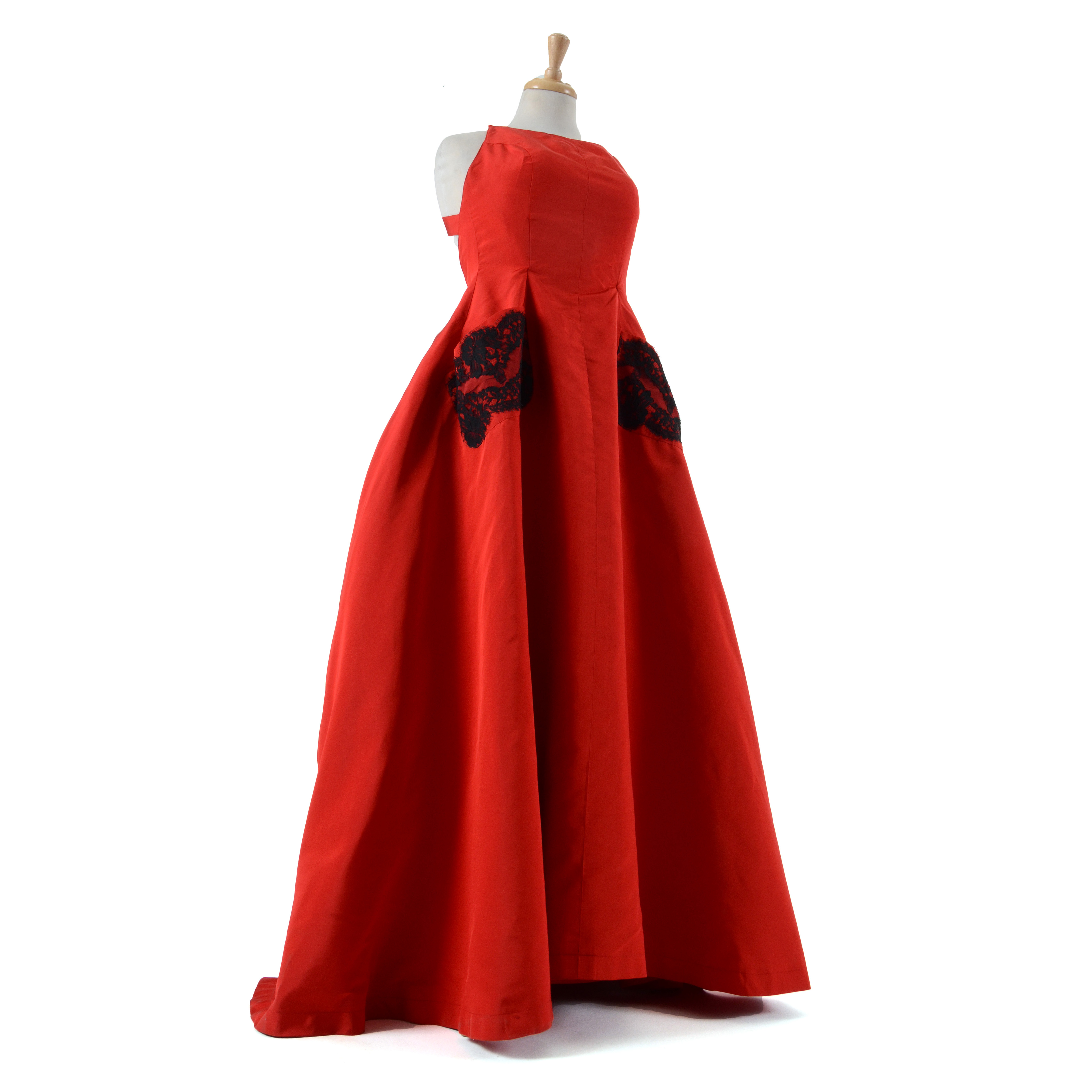 Exquisite Christian Lacroix of Paris Red Soie Silk Formal Gown with Black Lace