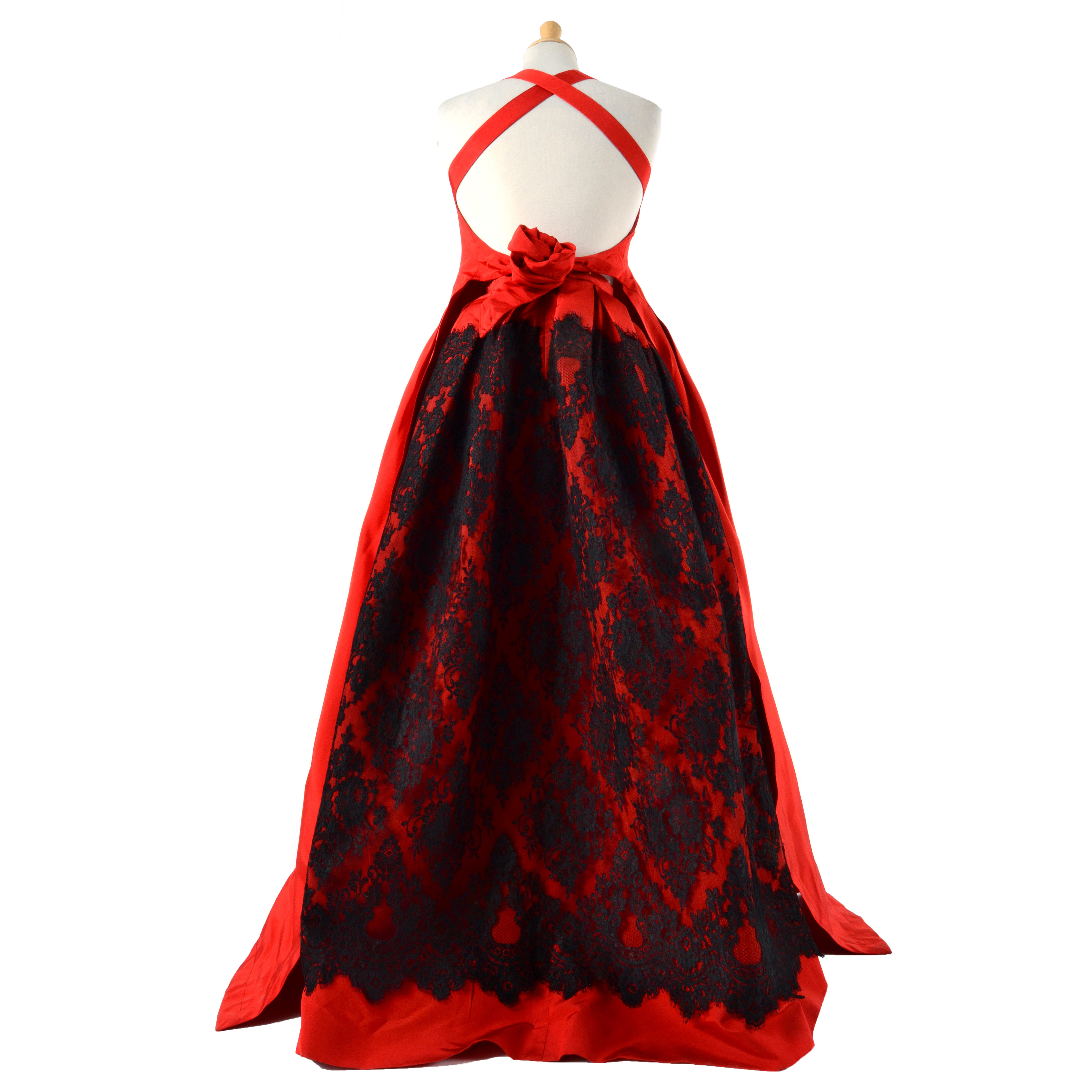 Exquisite Christian Lacroix of Paris Red Soie Silk Formal Gown with Black Lace