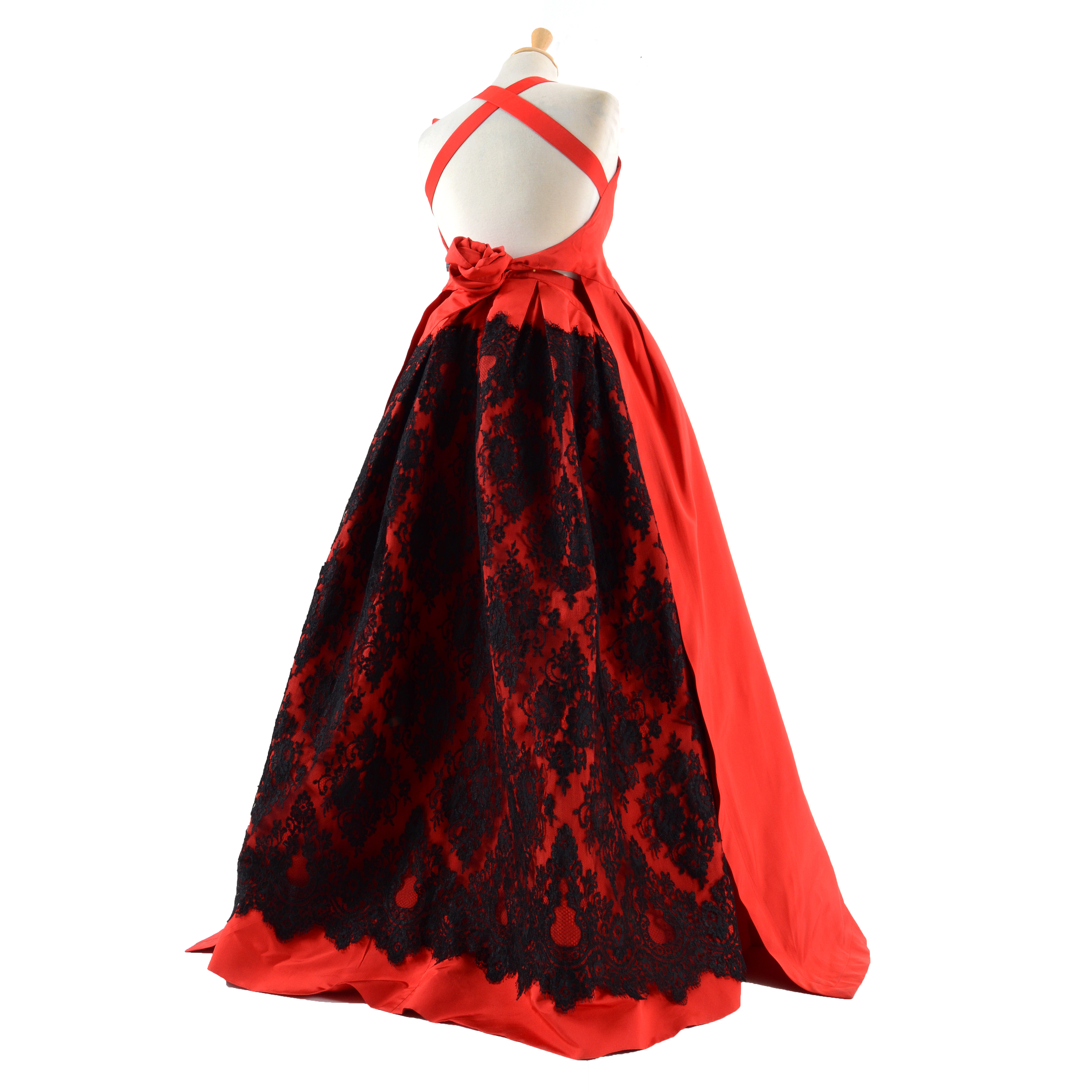 Exquisite Christian Lacroix of Paris Red Soie Silk Formal Gown with Black Lace