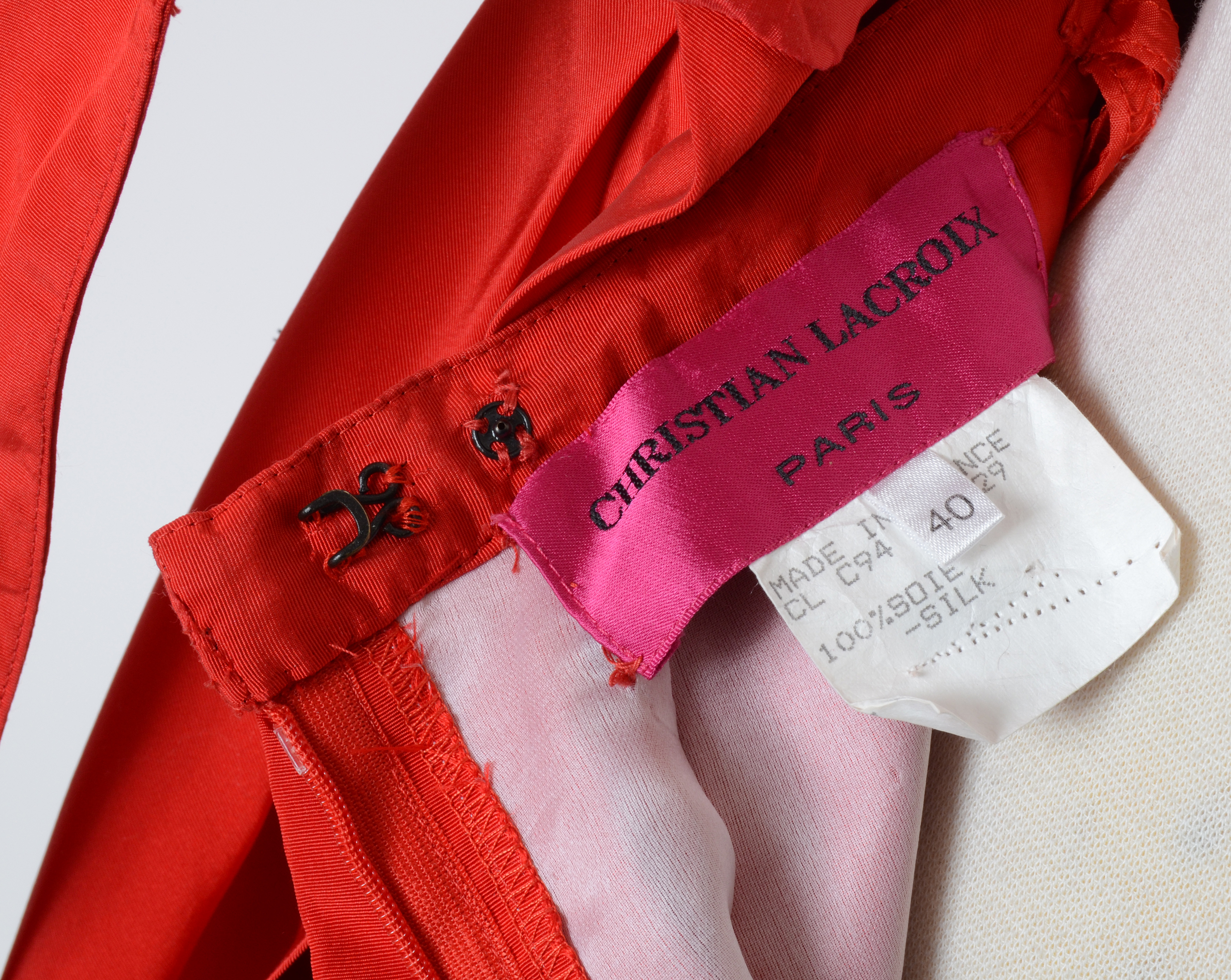 Exquisite Christian Lacroix of Paris Red Soie Silk Formal Gown with Black Lace