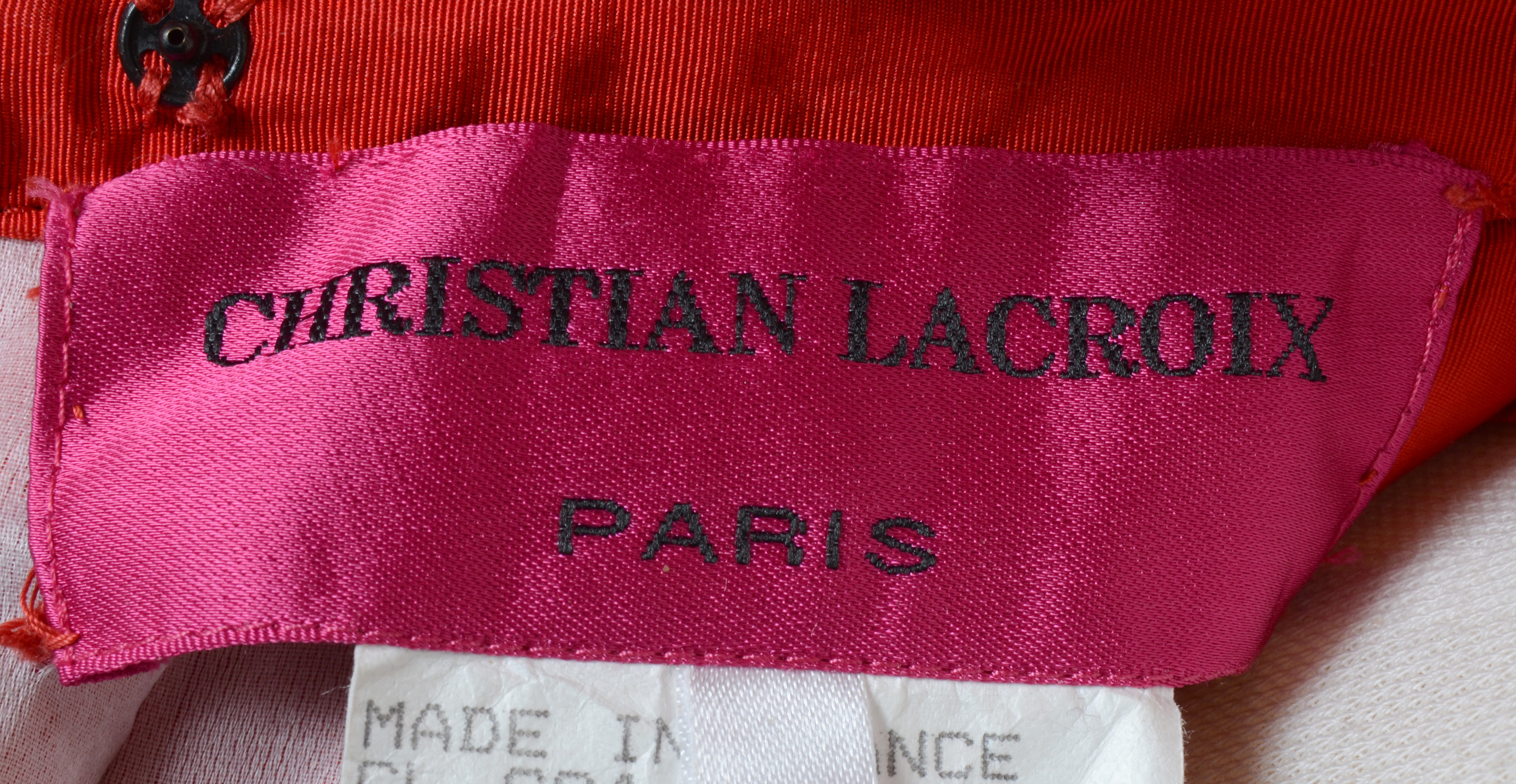 Exquisite Christian Lacroix of Paris Red Soie Silk Formal Gown with Black Lace