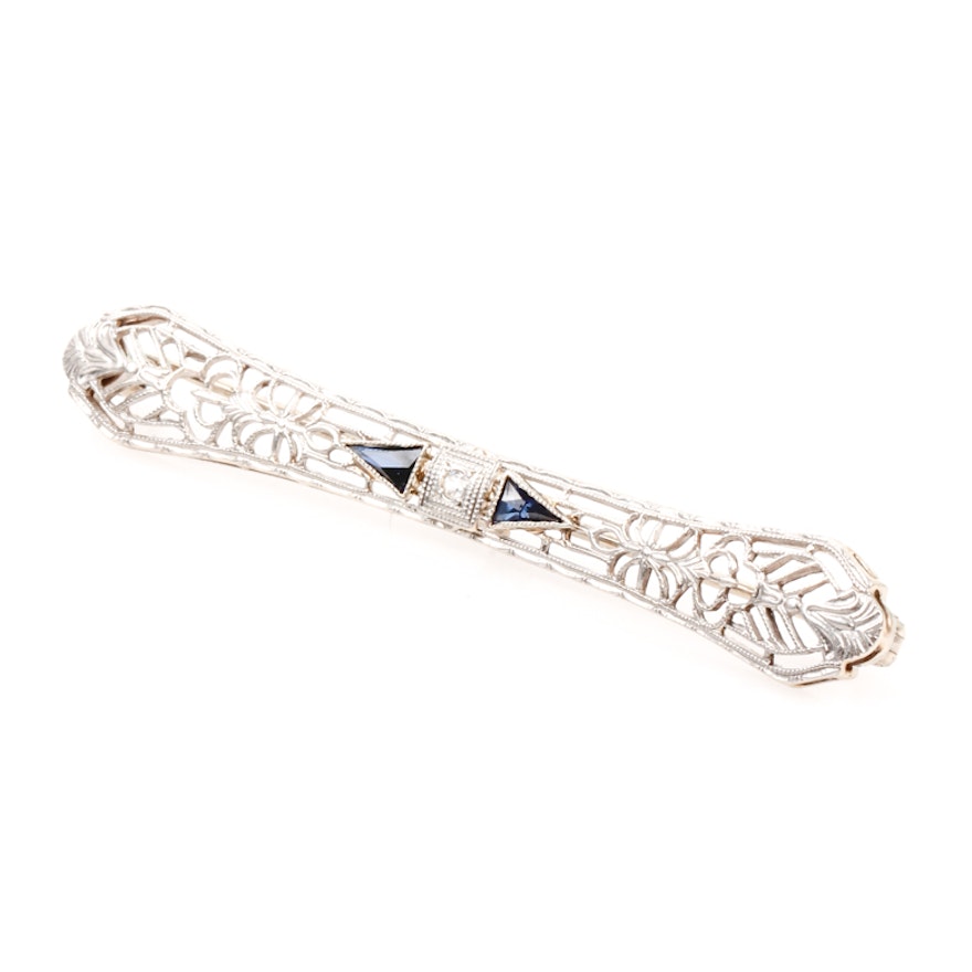 Art Deco 14K White Gold, Synthetic Sapphire, and Diamond Openwork Bar Brooch