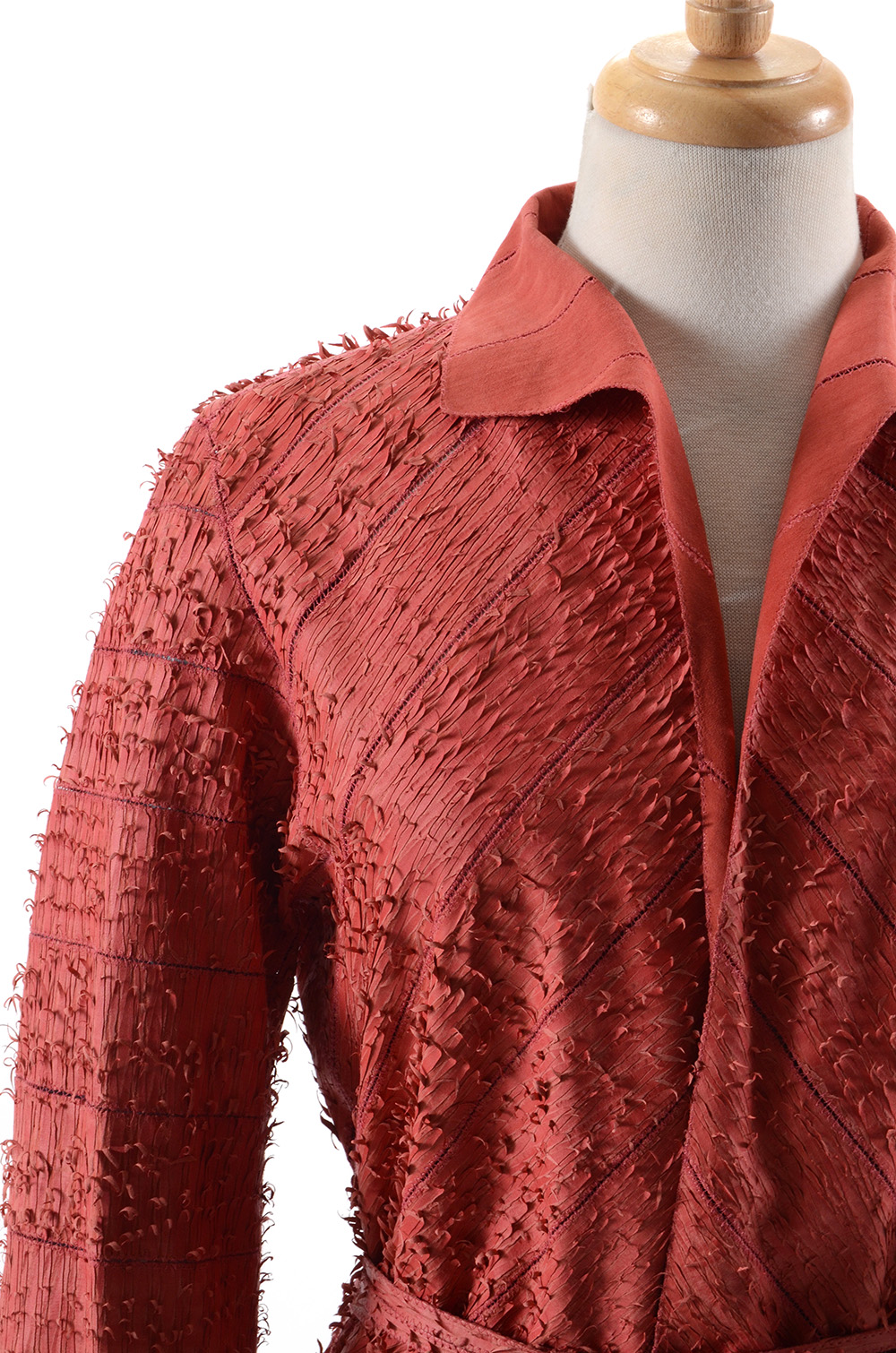 Fendi Suede Leather Hand Textured Knee-Length Coat in Coral