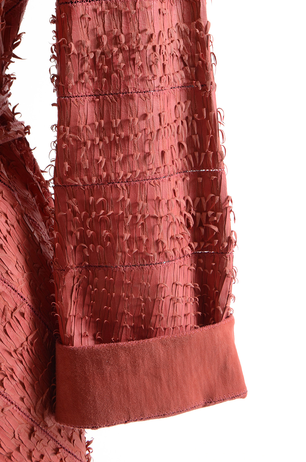 Fendi Suede Leather Hand Textured Knee-Length Coat in Coral