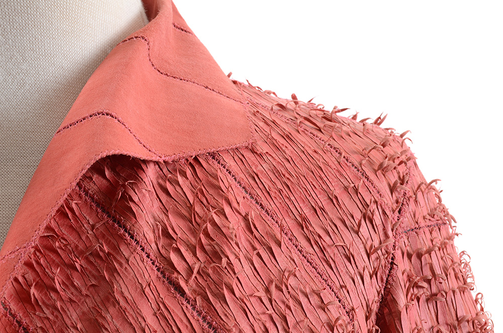 Fendi Suede Leather Hand Textured Knee-Length Coat in Coral