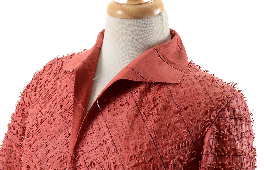 Fendi Suede Leather Hand Textured Knee-Length Coat in Coral