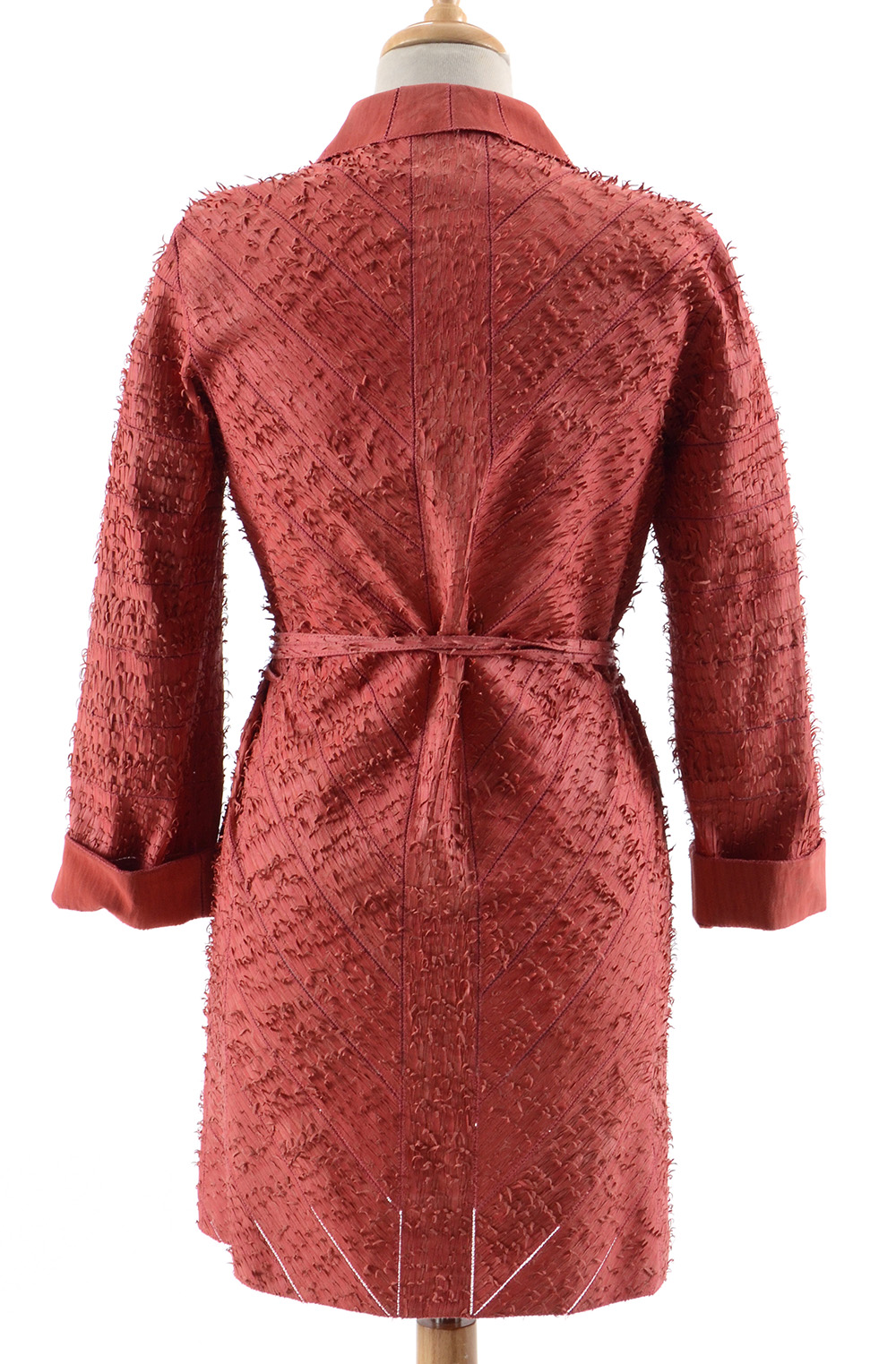 Fendi Suede Leather Hand Textured Knee-Length Coat in Coral