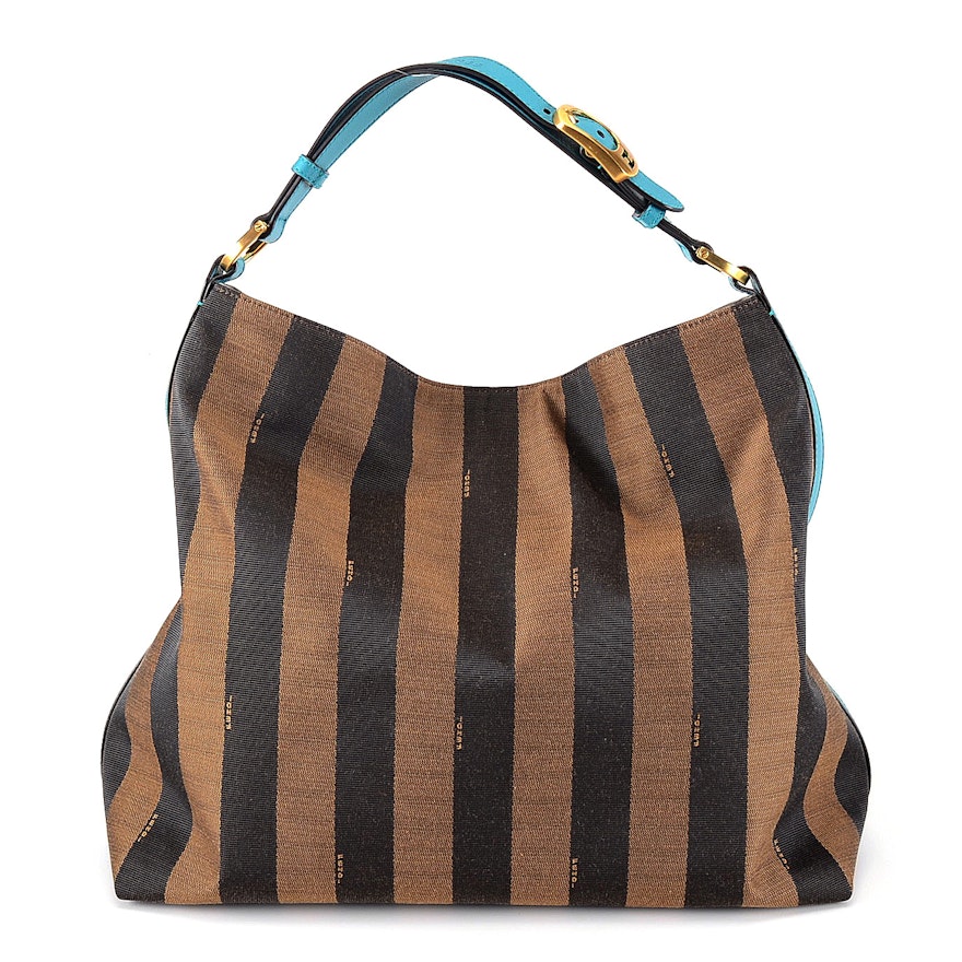 Fendi Pequin Stripe Tote with Turquoise Leather