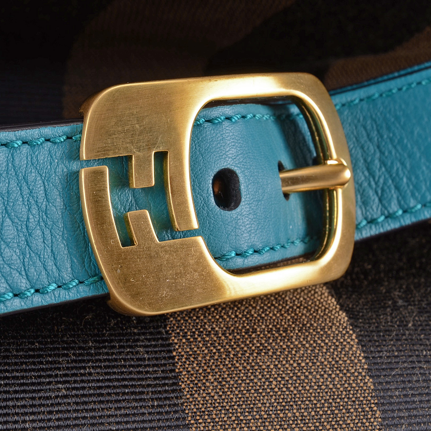 Fendi Pequin Stripe Tote with Turquoise Leather