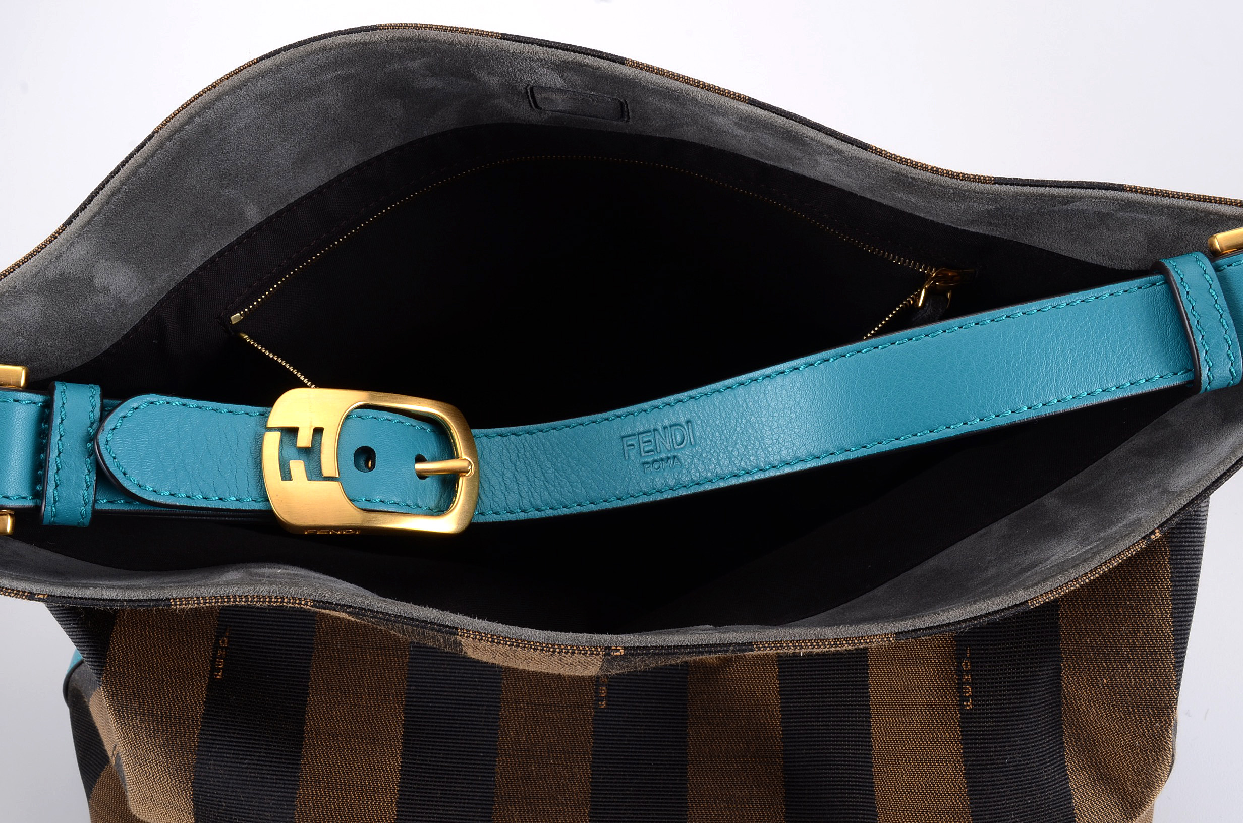 Fendi Pequin Stripe Tote with Turquoise Leather