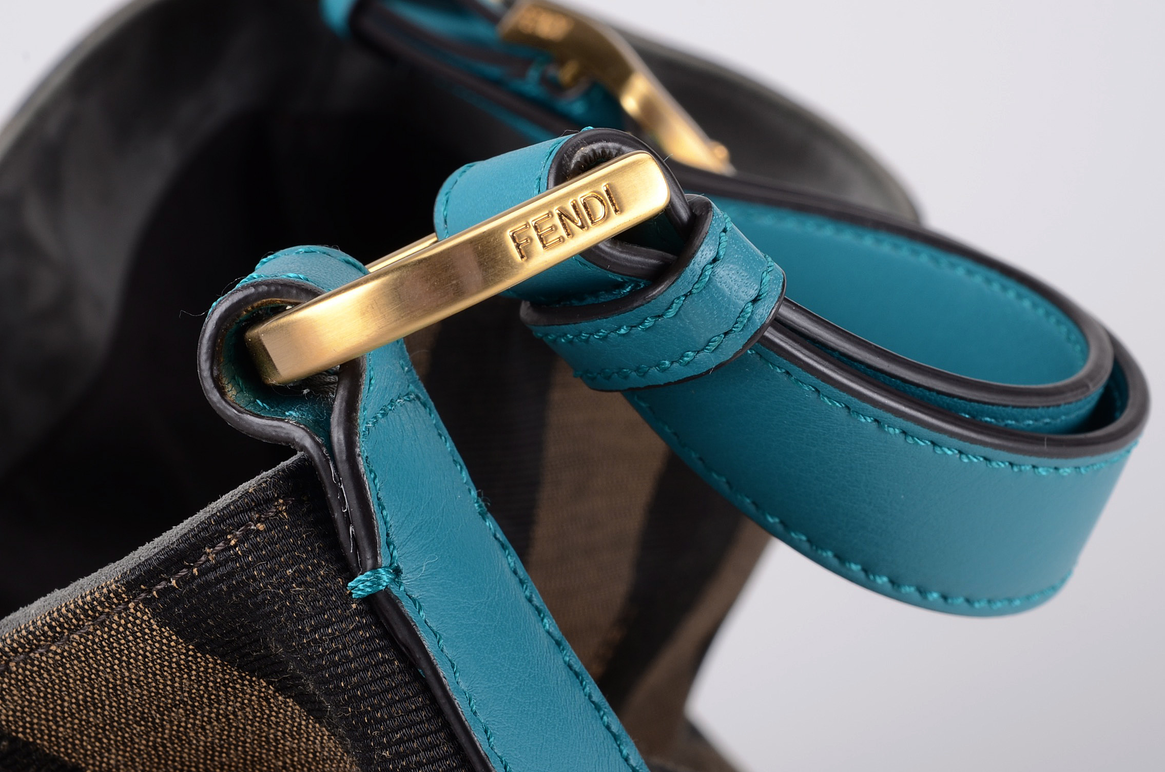 Fendi Pequin Stripe Tote with Turquoise Leather