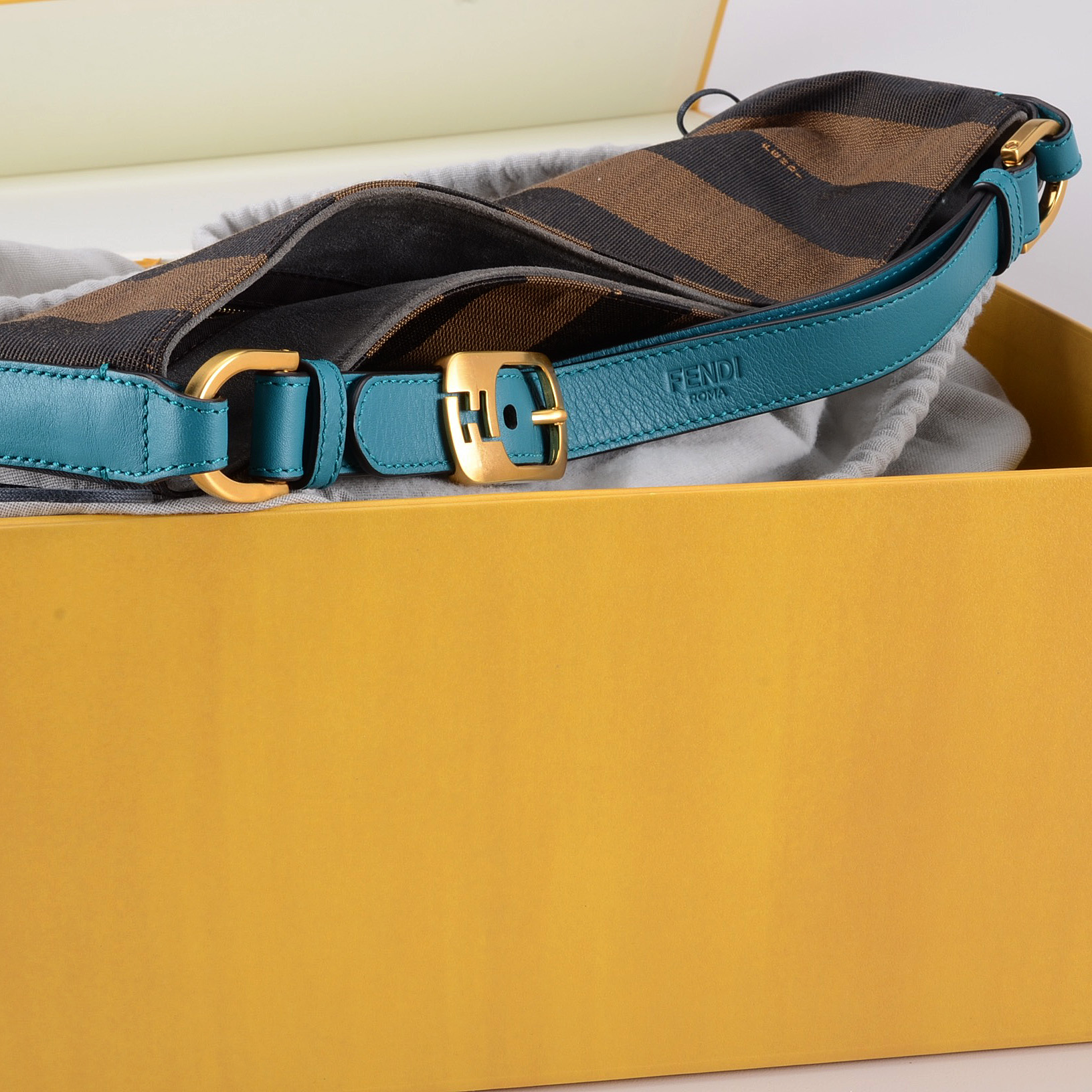 Fendi Pequin Stripe Tote with Turquoise Leather