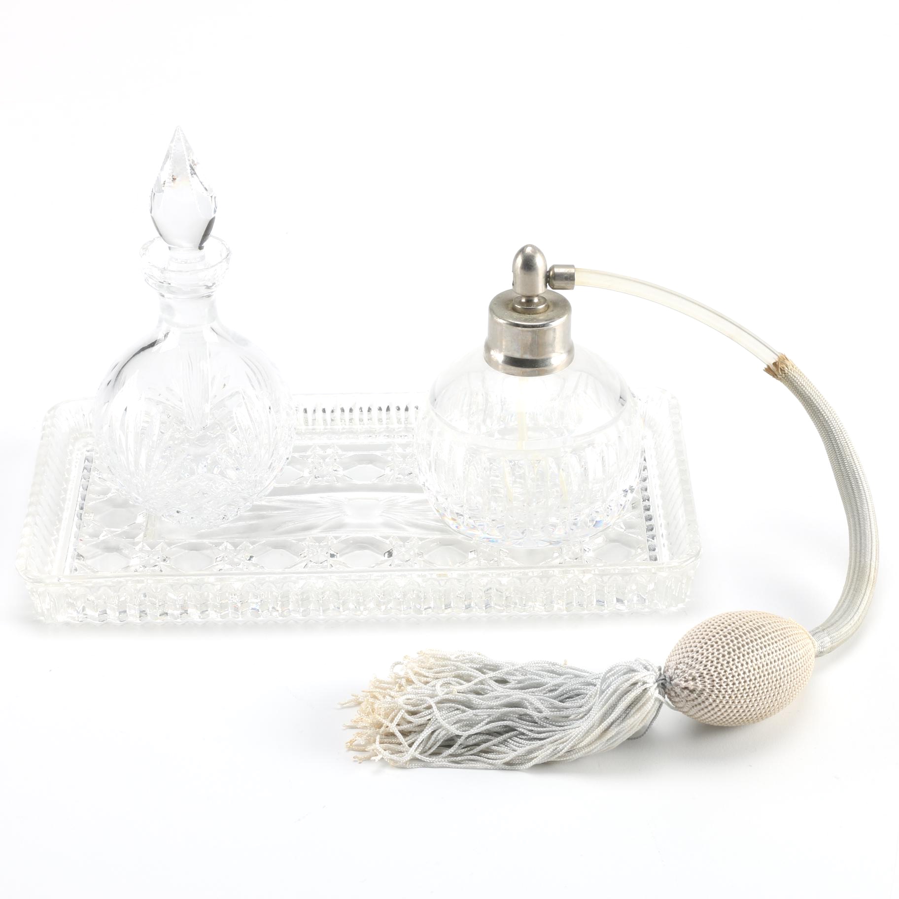 Wedgewood and Waterford Perfume Bottles with Crystal Tray