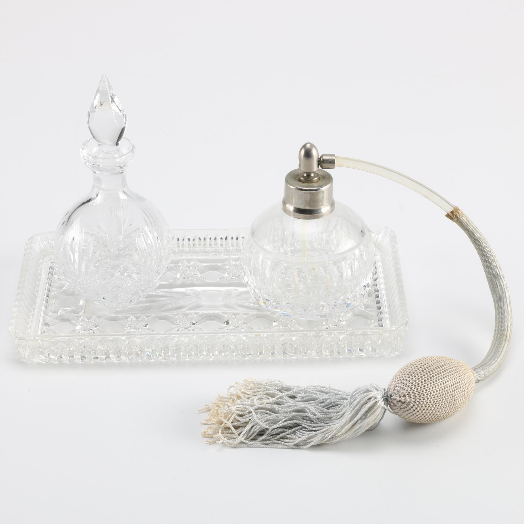Wedgewood and Waterford Perfume Bottles with Crystal Tray